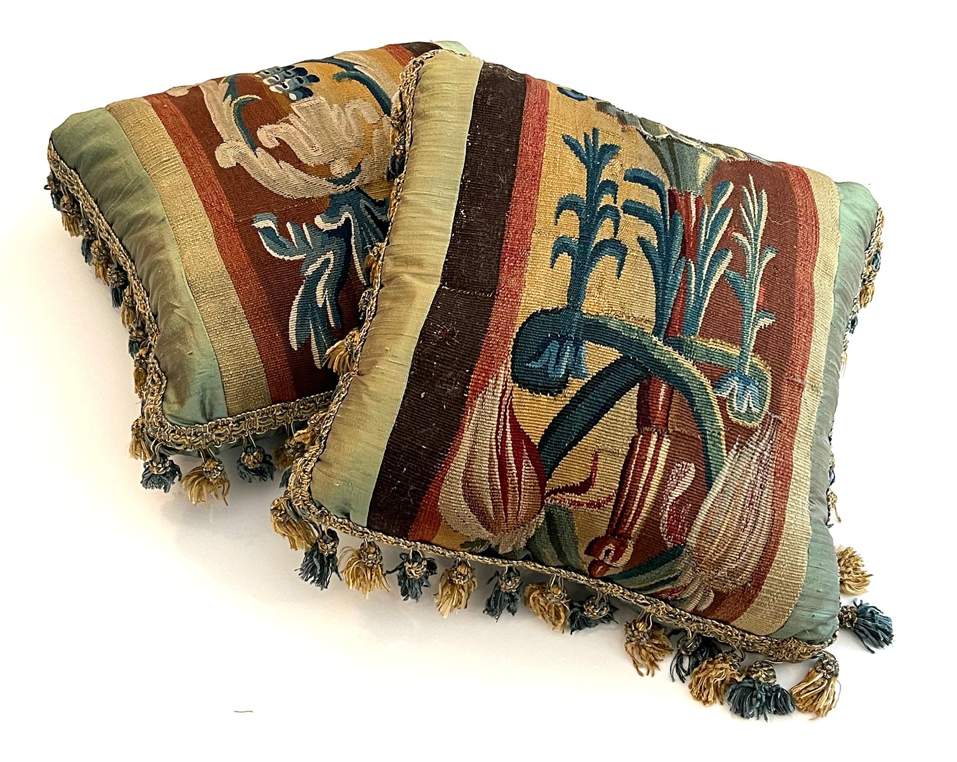 French Pair of Antique 18th Century European Tapestry Pillows with Tassels For Sale