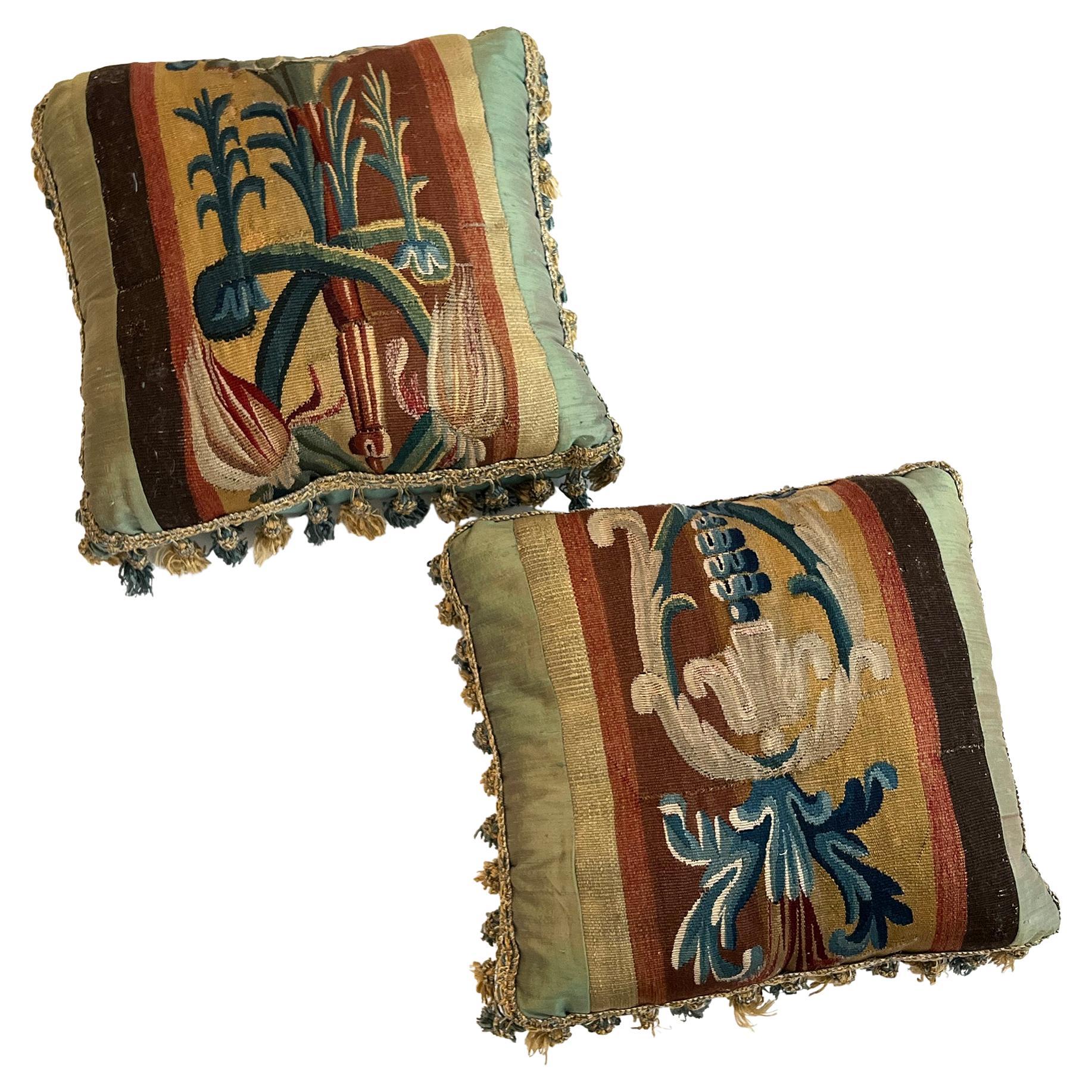 Pair of Antique 18th Century European Tapestry Pillows with Tassels For Sale