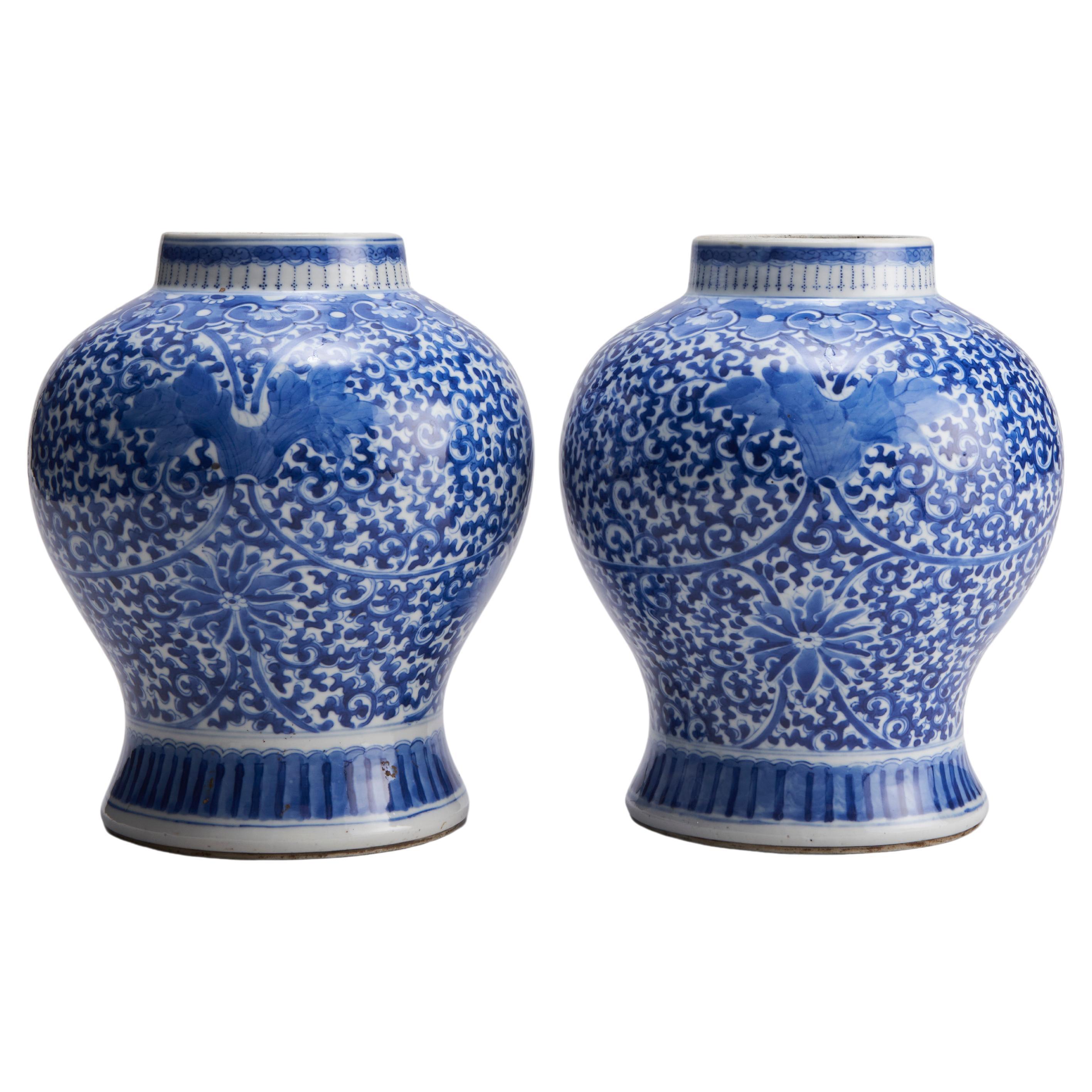A pair of antique 19th Century Chinese blue and white porcelain jars with Clemat