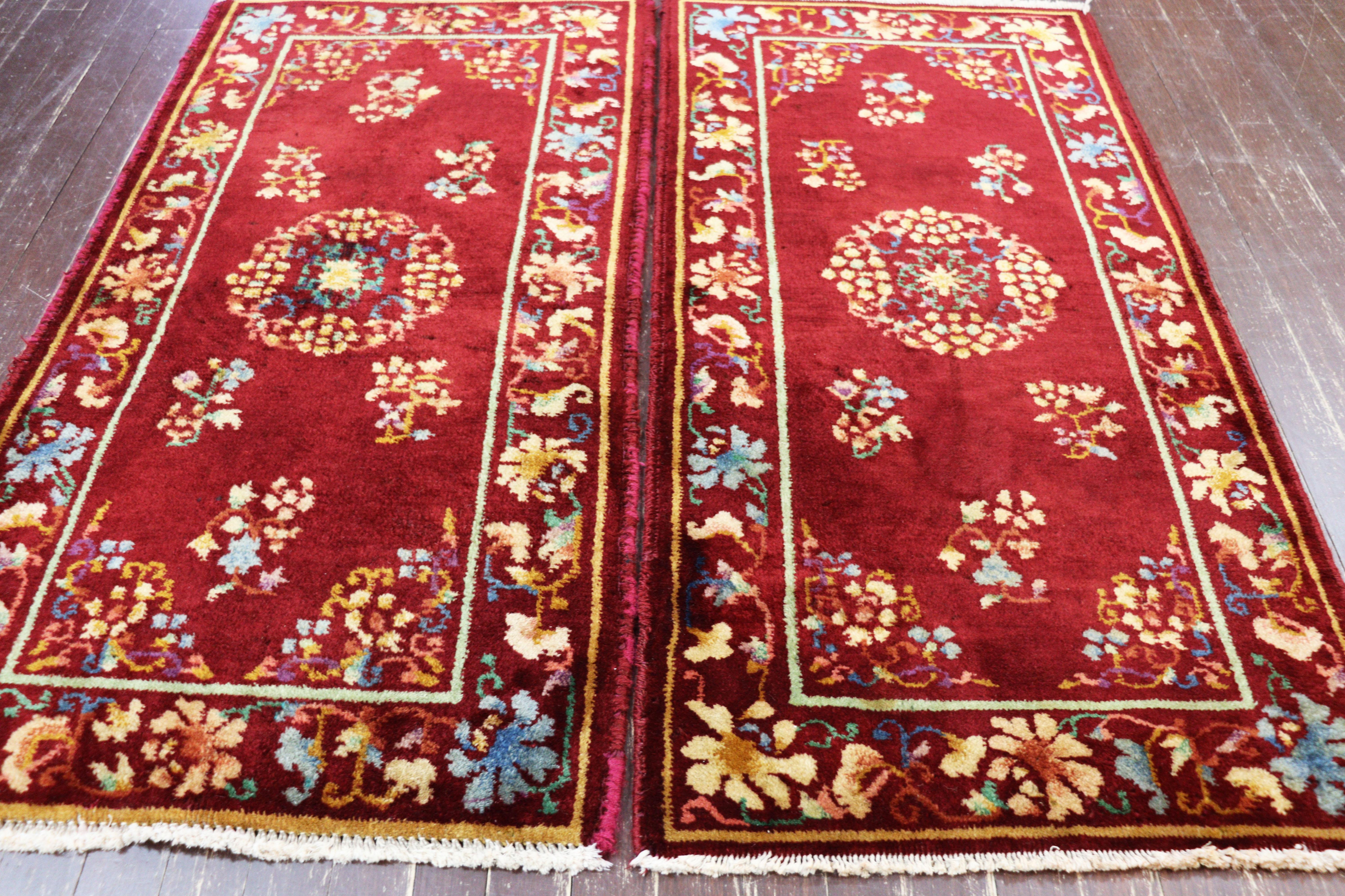 Brushed A Pair of Antique Art Deco Chinese Oriental Rug, 2' x 3'10