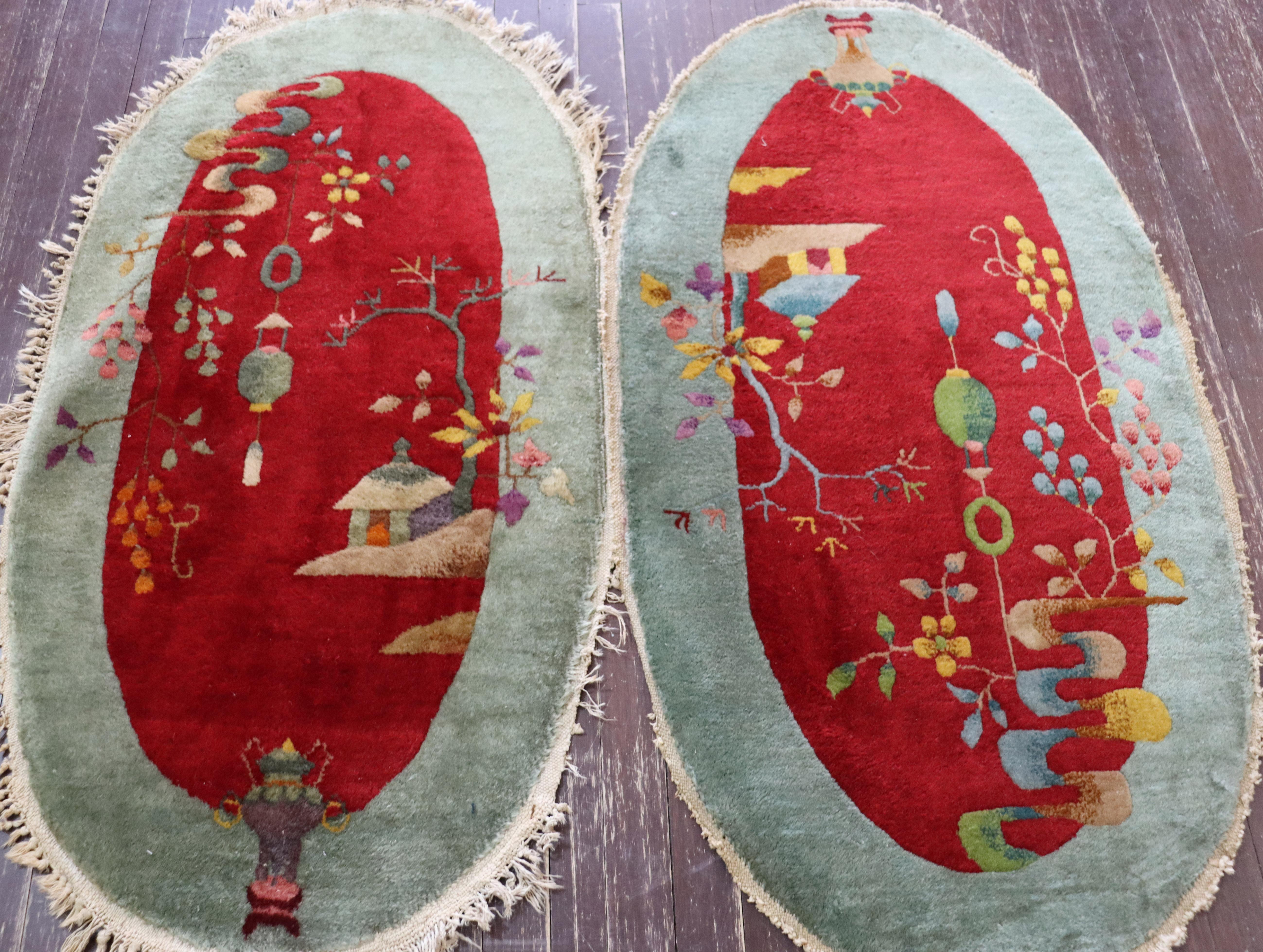 Pair Of Oval Shape  Antique Art Deco Chinese Rugs, 2' x 4' Each For Sale 4