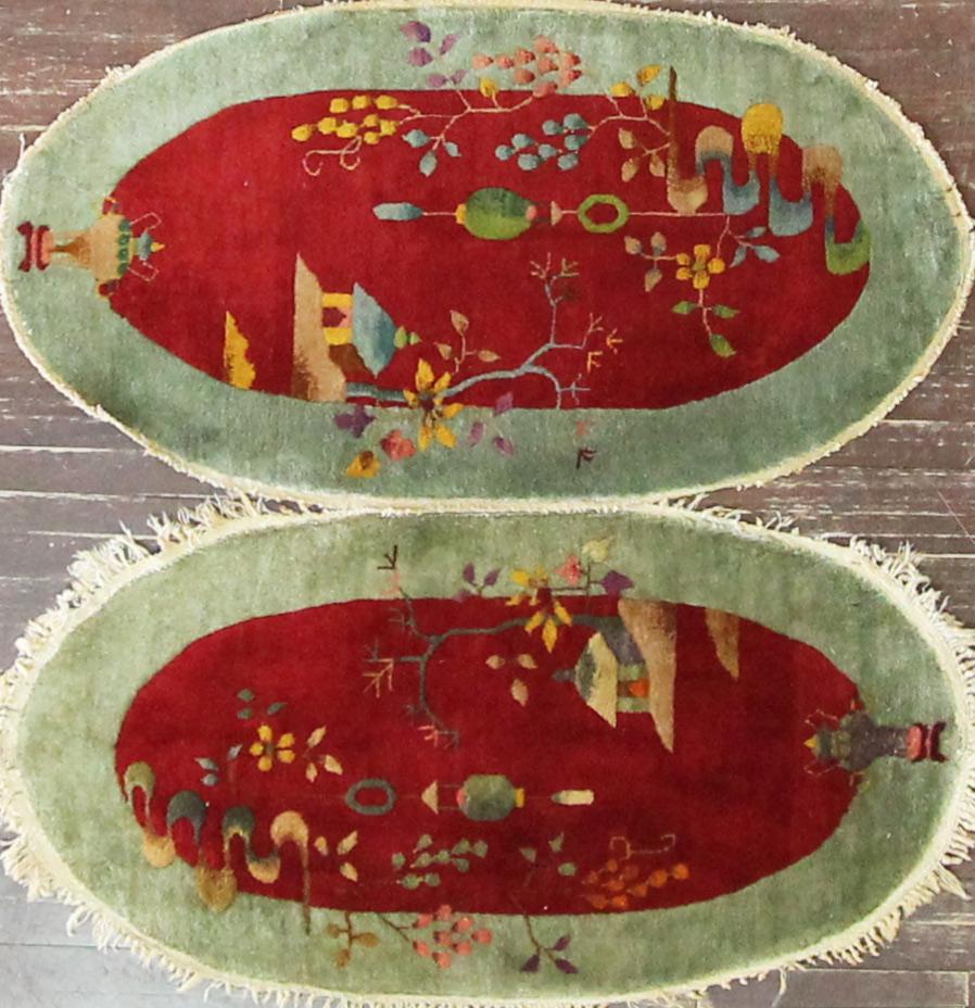 Hand-Knotted Pair Of Oval Shape  Antique Art Deco Chinese Rugs, 2' x 4' Each For Sale