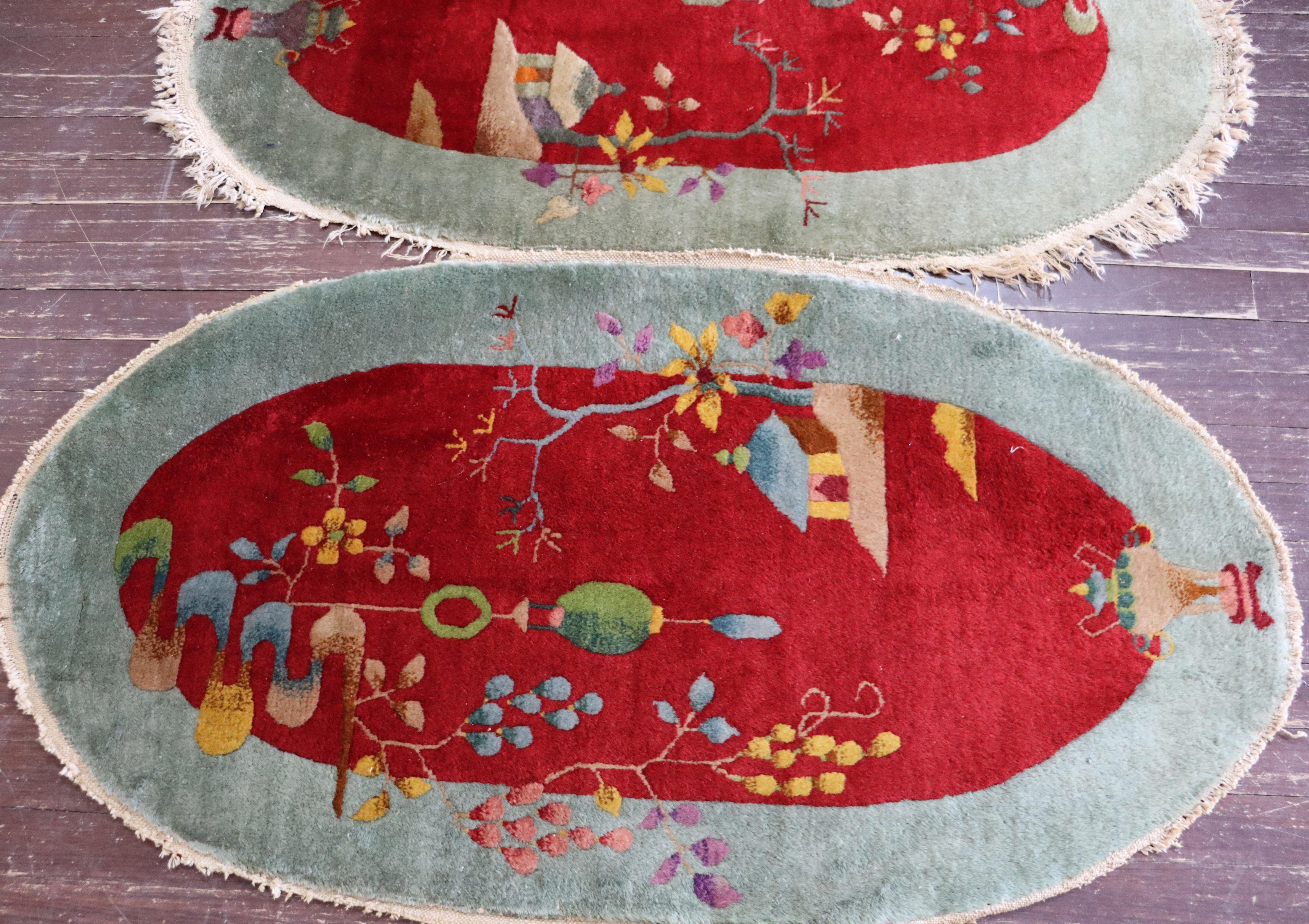 Wool Pair Of Oval Shape  Antique Art Deco Chinese Rugs, 2' x 4' Each For Sale