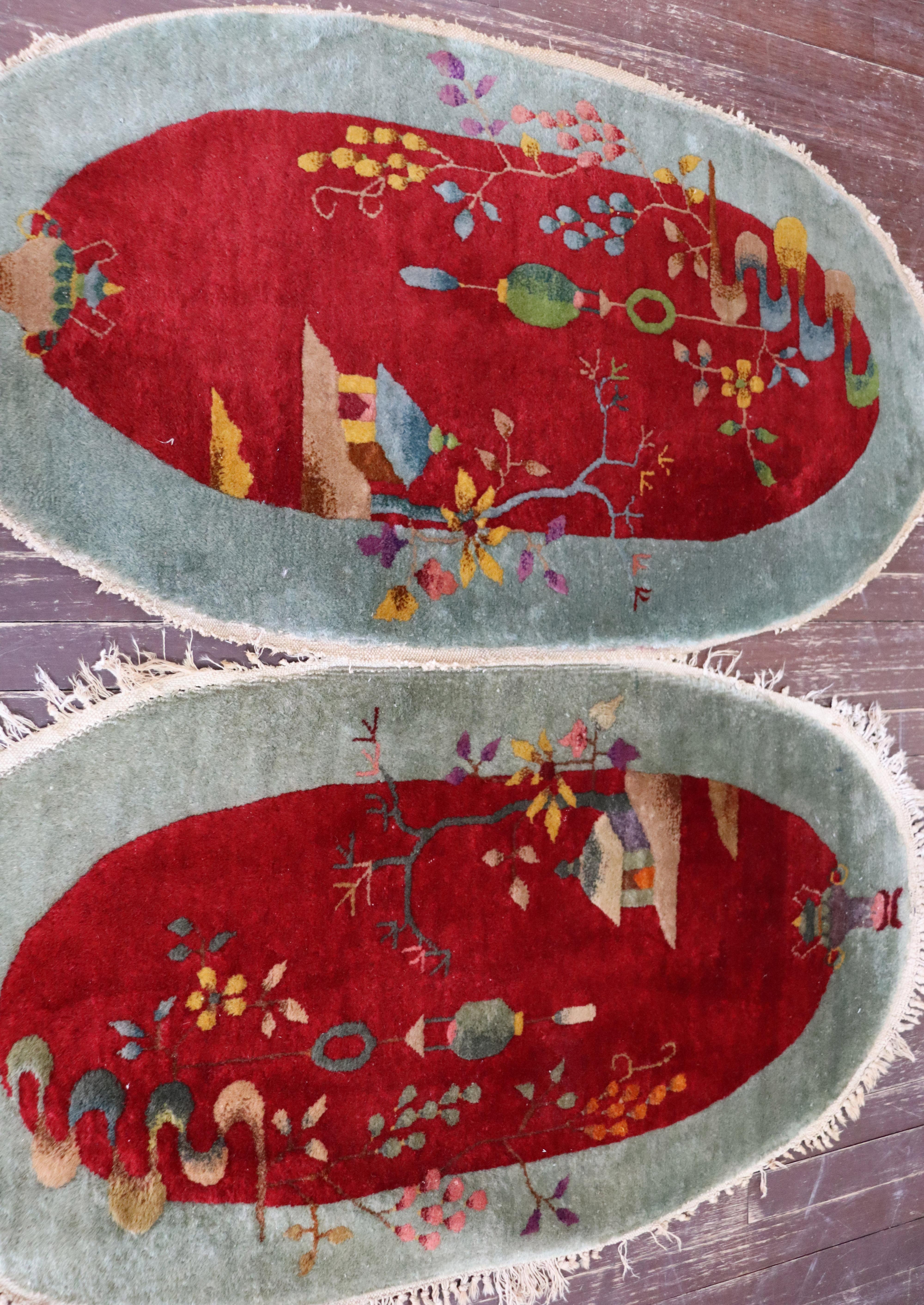 Pair Of Oval Shape  Antique Art Deco Chinese Rugs, 2' x 4' Each For Sale 2
