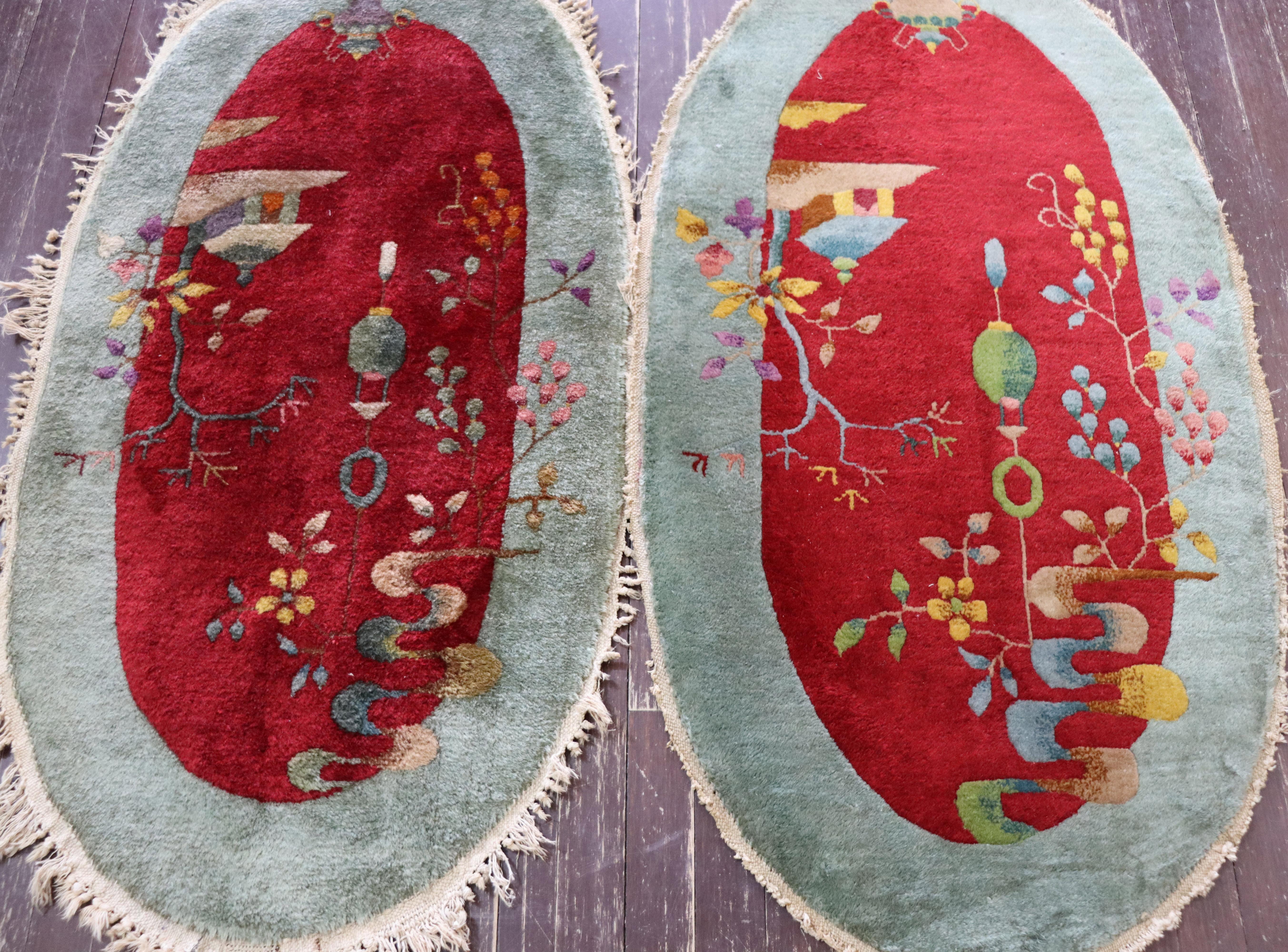 Pair Of Oval Shape  Antique Art Deco Chinese Rugs, 2' x 4' Each For Sale 3