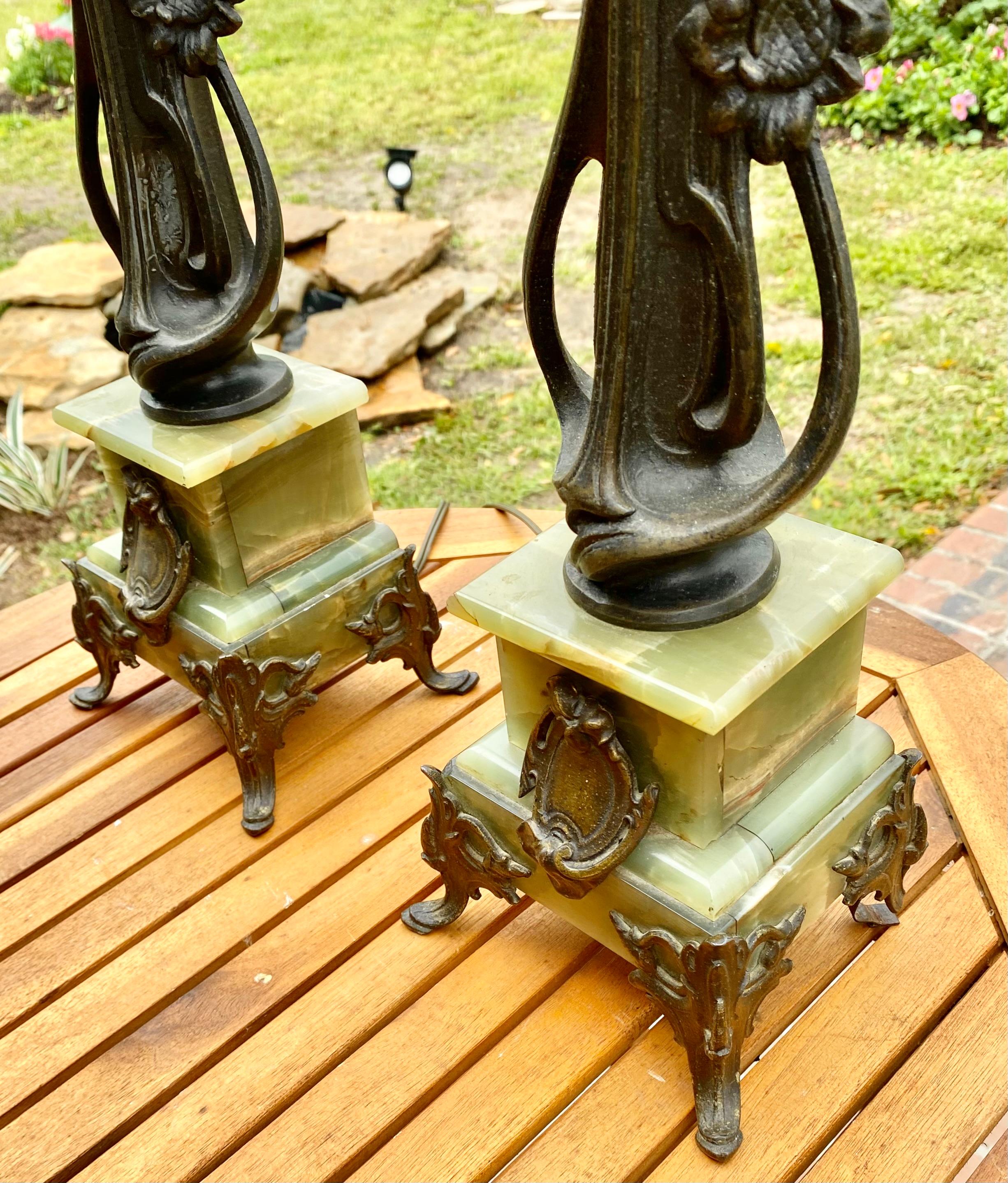 A Pair of Antique Art Nouveau Onyx and Metal Lamps For Sale 8