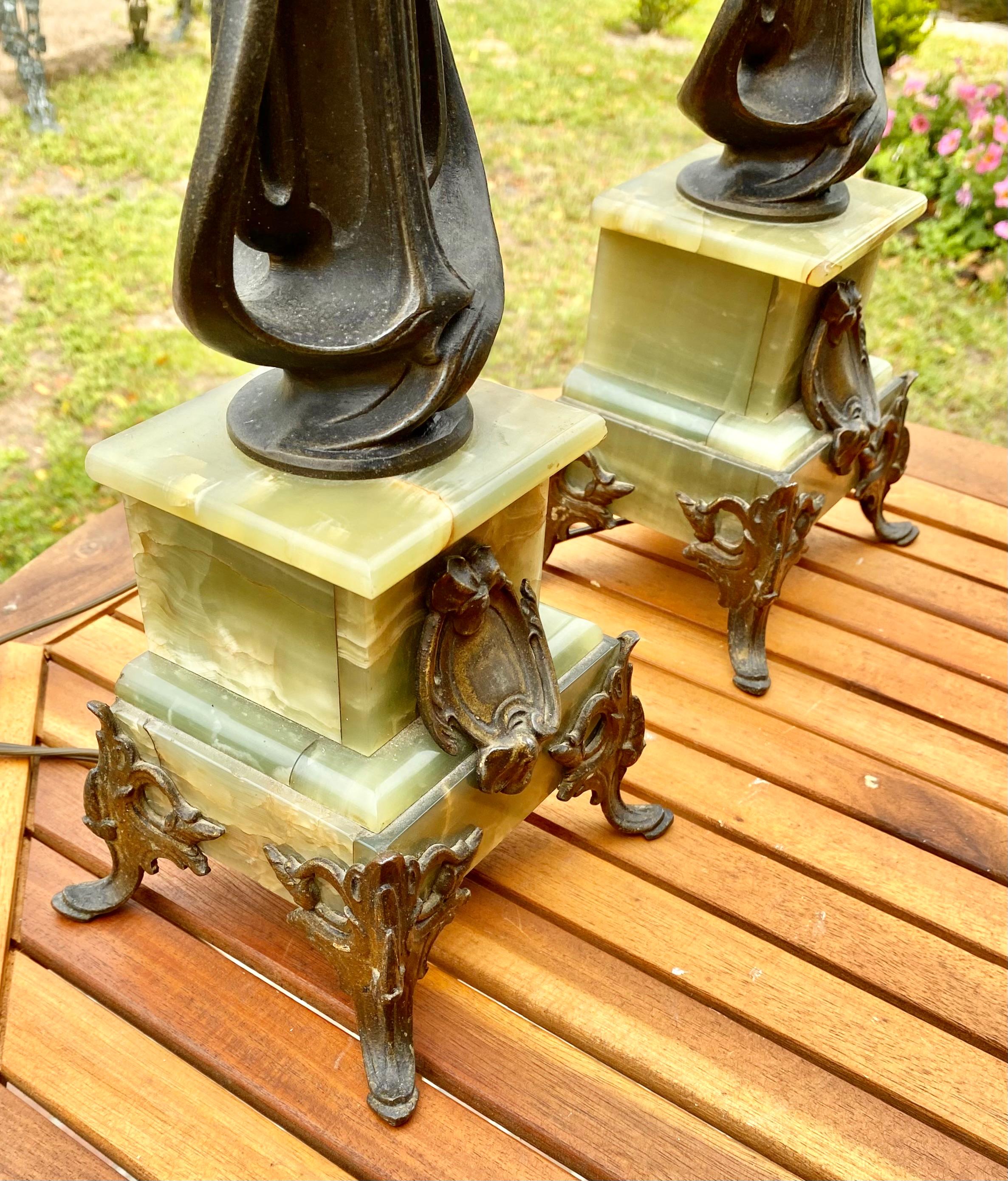 A Pair of Antique Art Nouveau Onyx and Metal Lamps For Sale 9