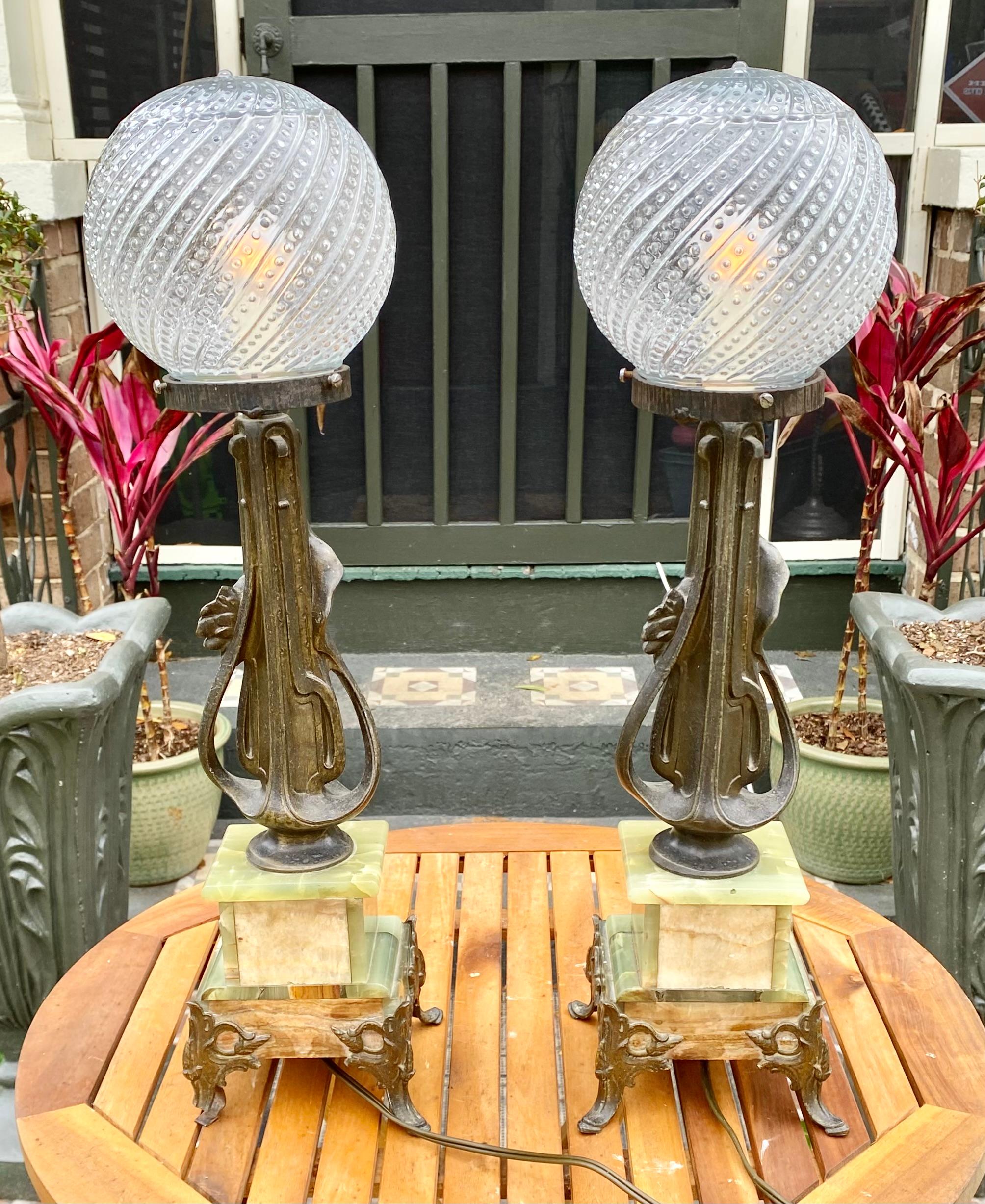 French A Pair of Antique Art Nouveau Onyx and Metal Lamps For Sale