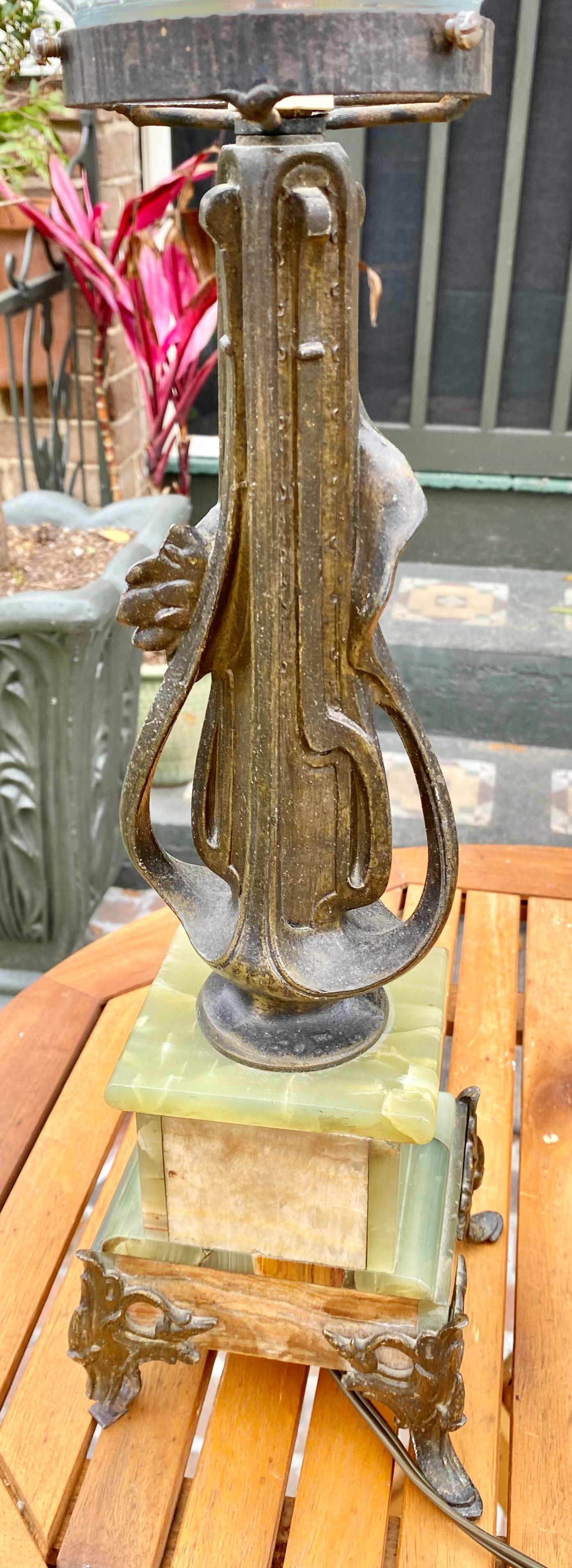 A Pair of Antique Art Nouveau Onyx and Metal Lamps In Good Condition For Sale In New Orleans, LA