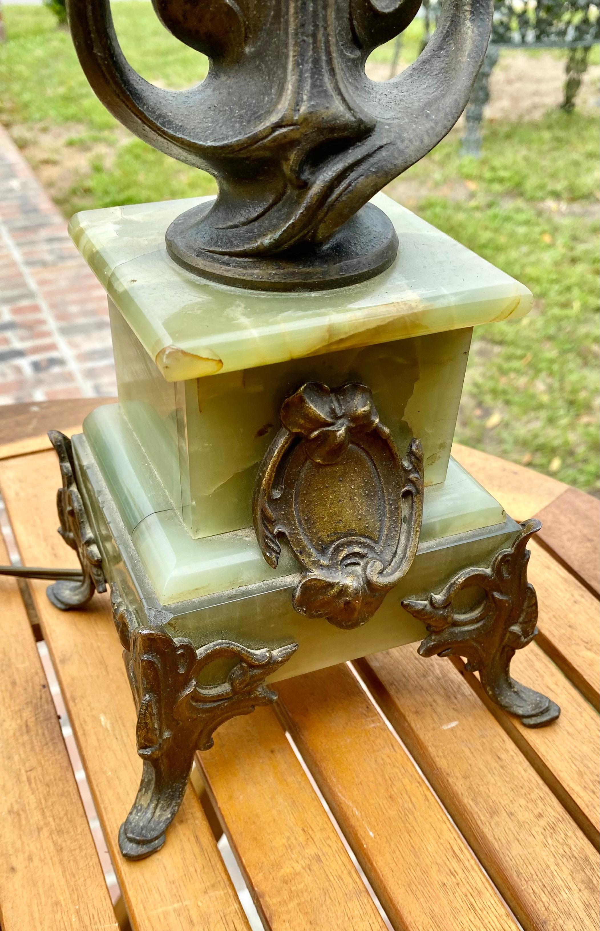 Spelter A Pair of Antique Art Nouveau Onyx and Metal Lamps For Sale