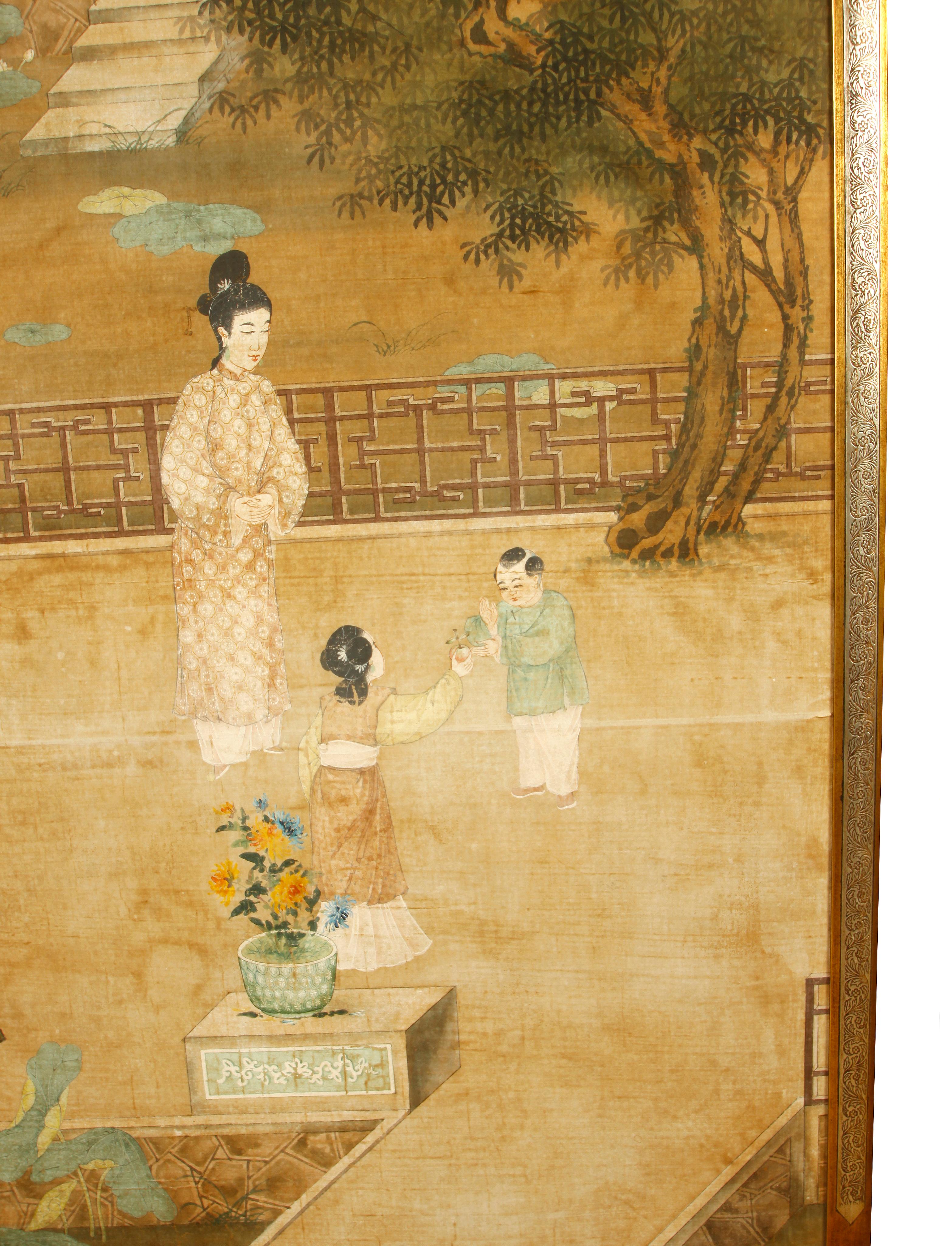 A pair of antique Asian framed panels of watercolor on silk courtyard garden scene set in painted gold frame, Qing dynasty period.