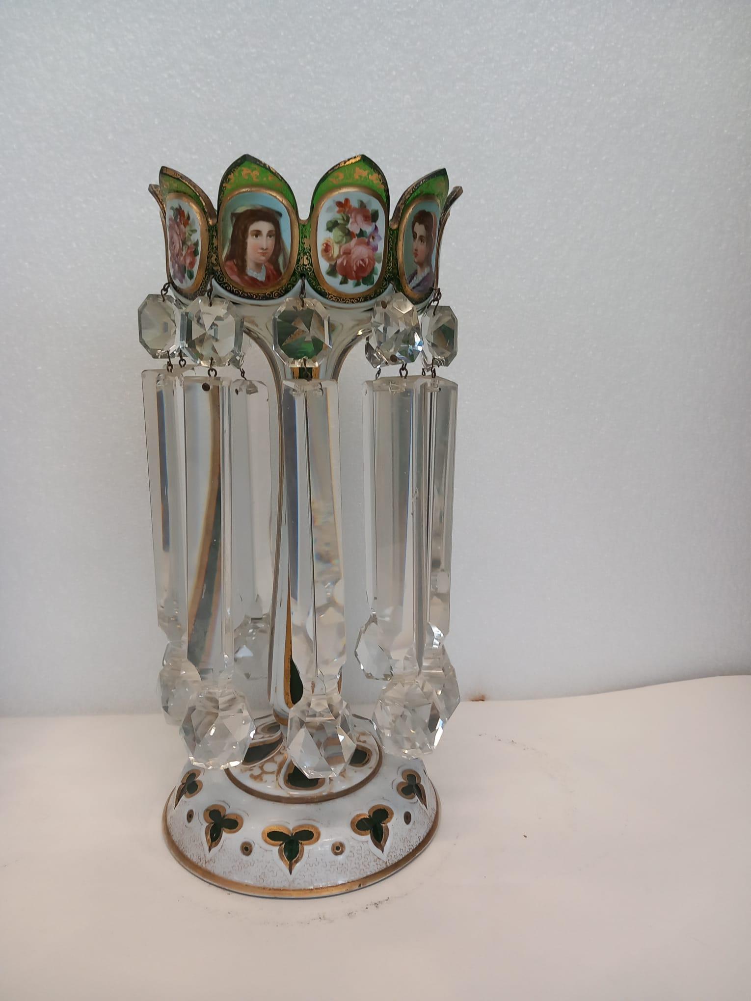 Czech A pair of antique Bohemian green lustres with white and gilded cartouches For Sale