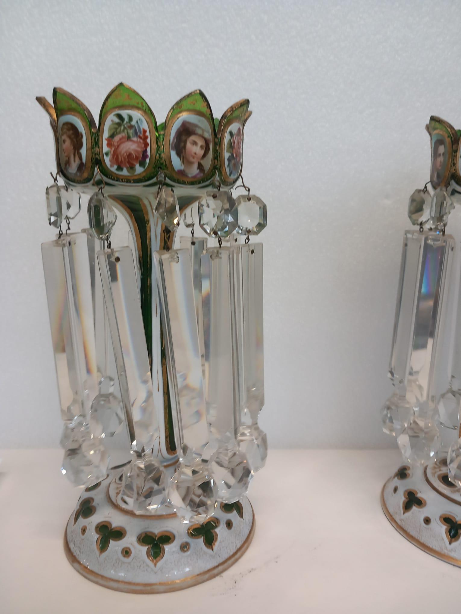 Gilt A pair of antique Bohemian green lustres with white and gilded cartouches For Sale