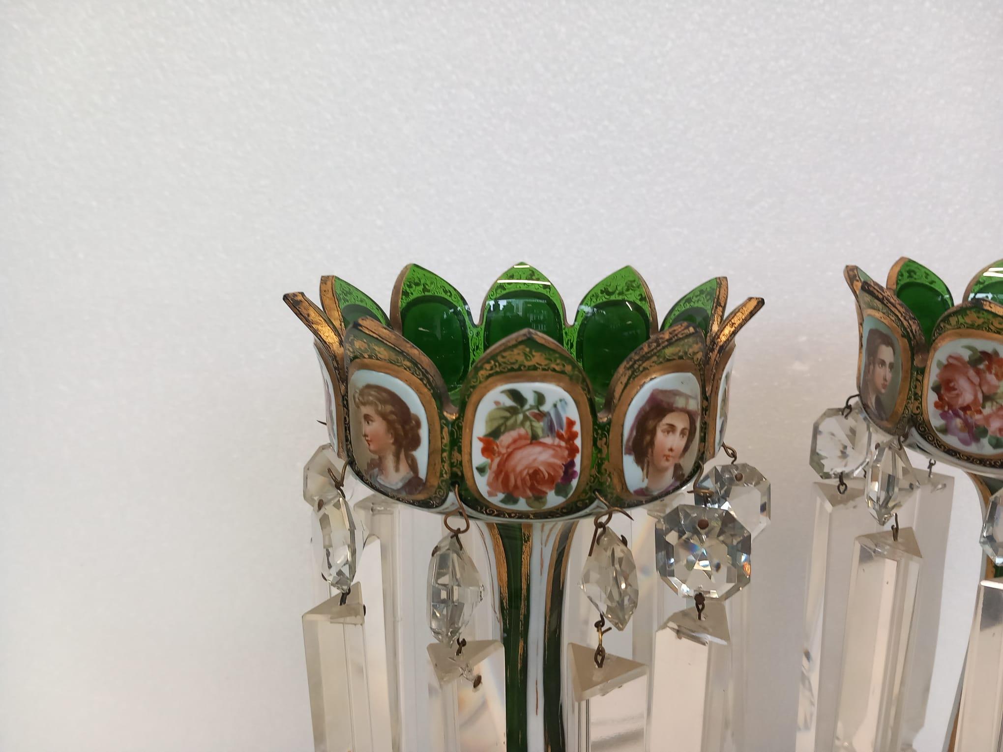 19th Century A pair of antique Bohemian green lustres with white and gilded cartouches For Sale