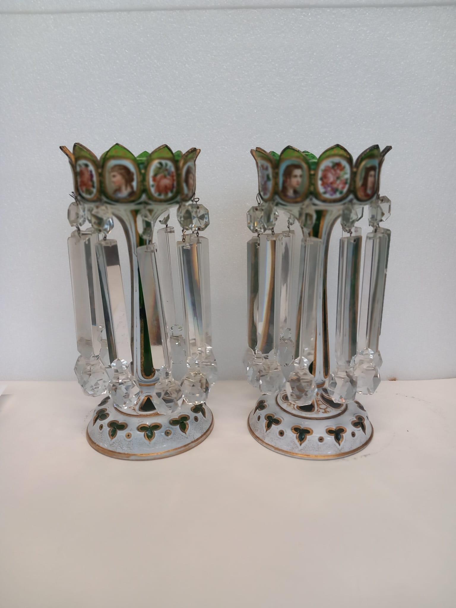 Glass A pair of antique Bohemian green lustres with white and gilded cartouches For Sale