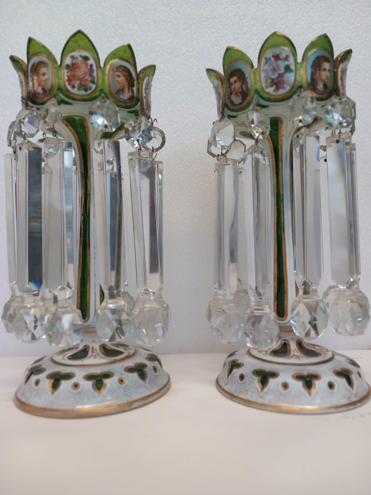 A pair of antique Bohemian green lustres with white and gilded cartouches For Sale 1