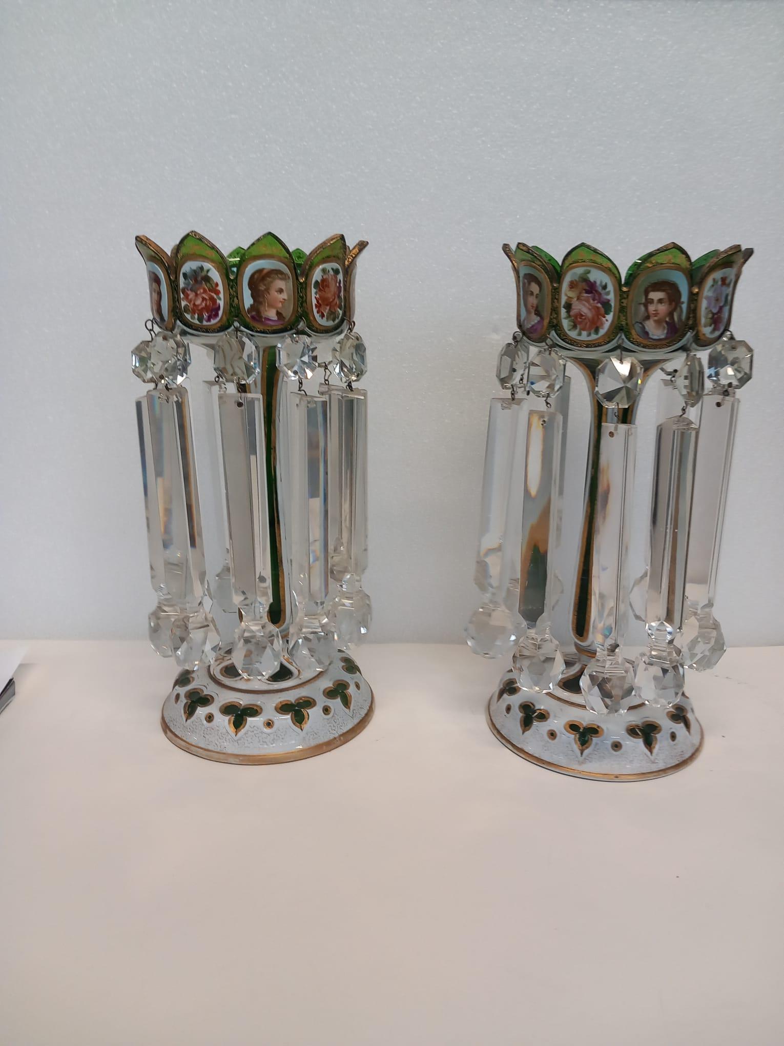 A pair of antique Bohemian green lustres with white and gilded cartouches For Sale 2
