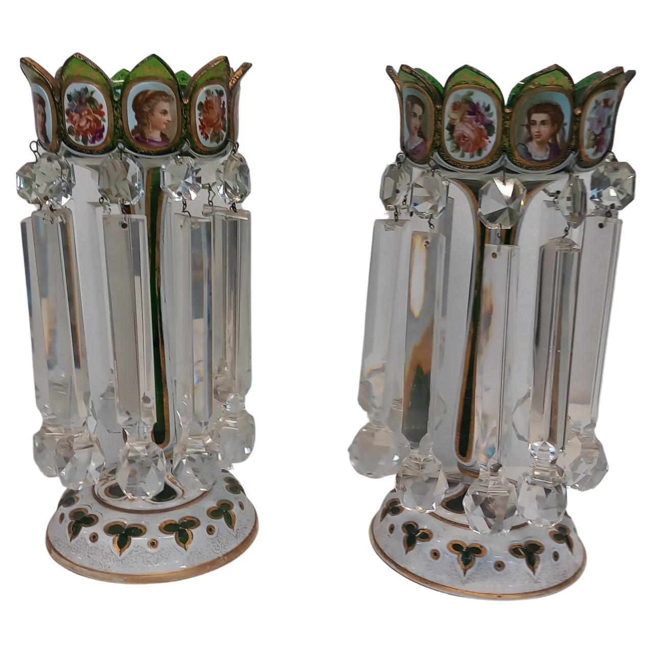 A pair of antique Bohemian green lustres with white and gilded cartouches For Sale