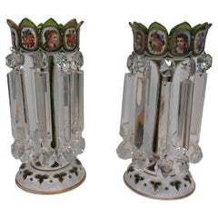 A pair of antique Bohemian green lustres with white and gilded cartouches