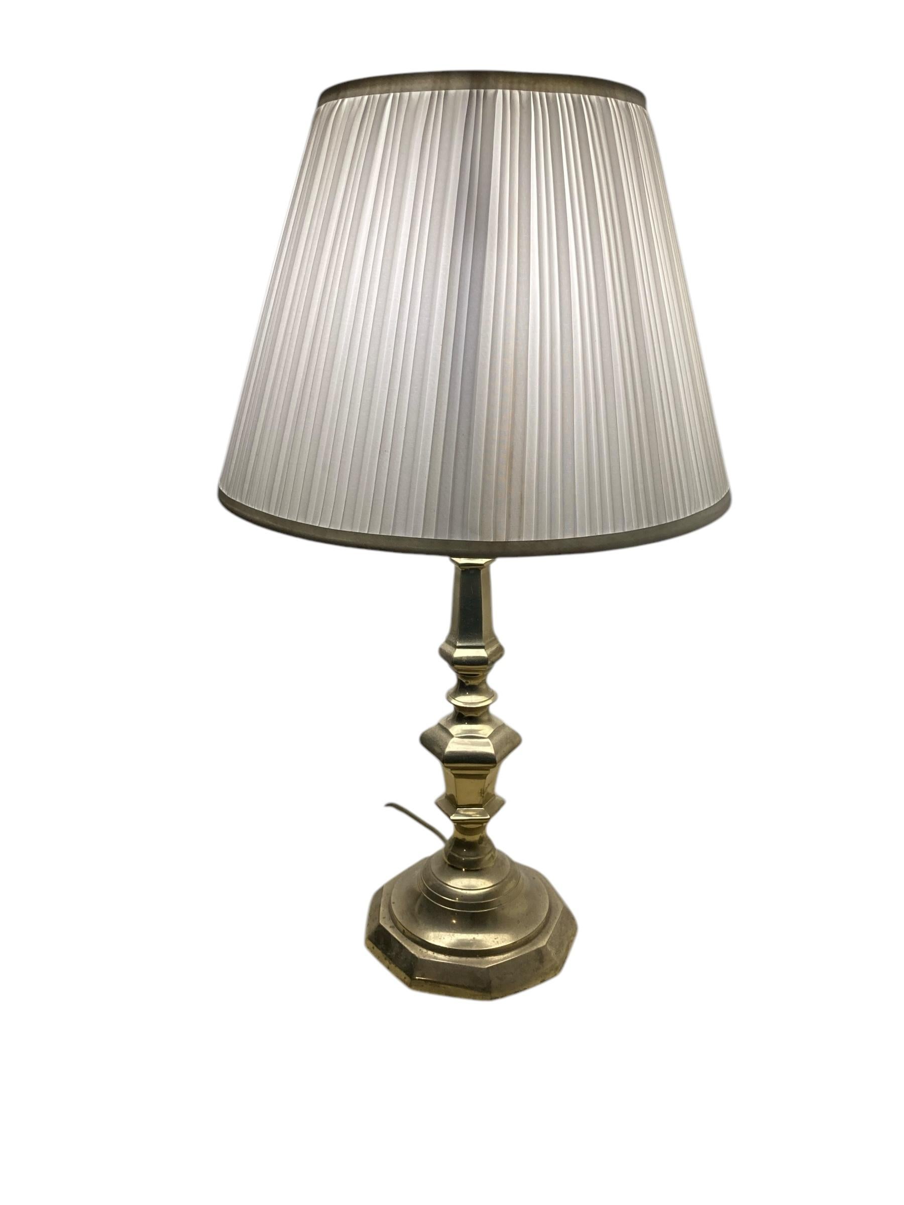 A Pair of Antique Brass bedside or Table Lamps white pleated shades For Sale 4