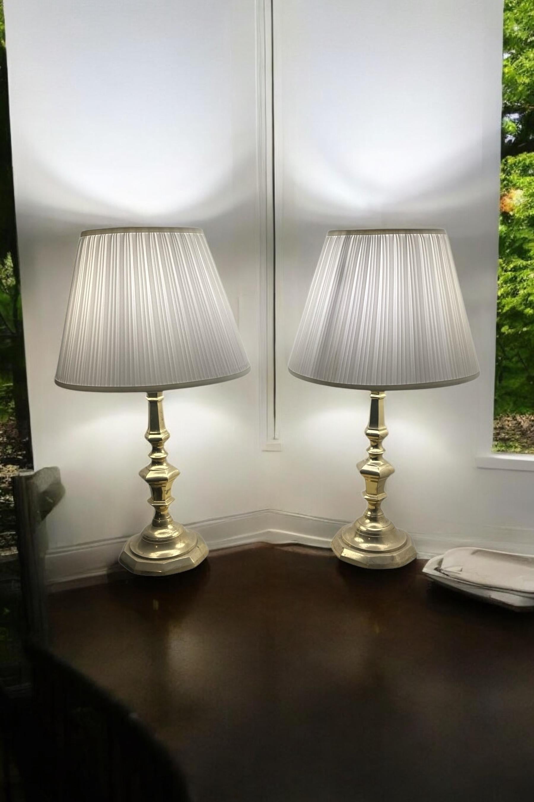 A Pair of Antique Brass bedside or Table Lamps white pleated shades For Sale 5