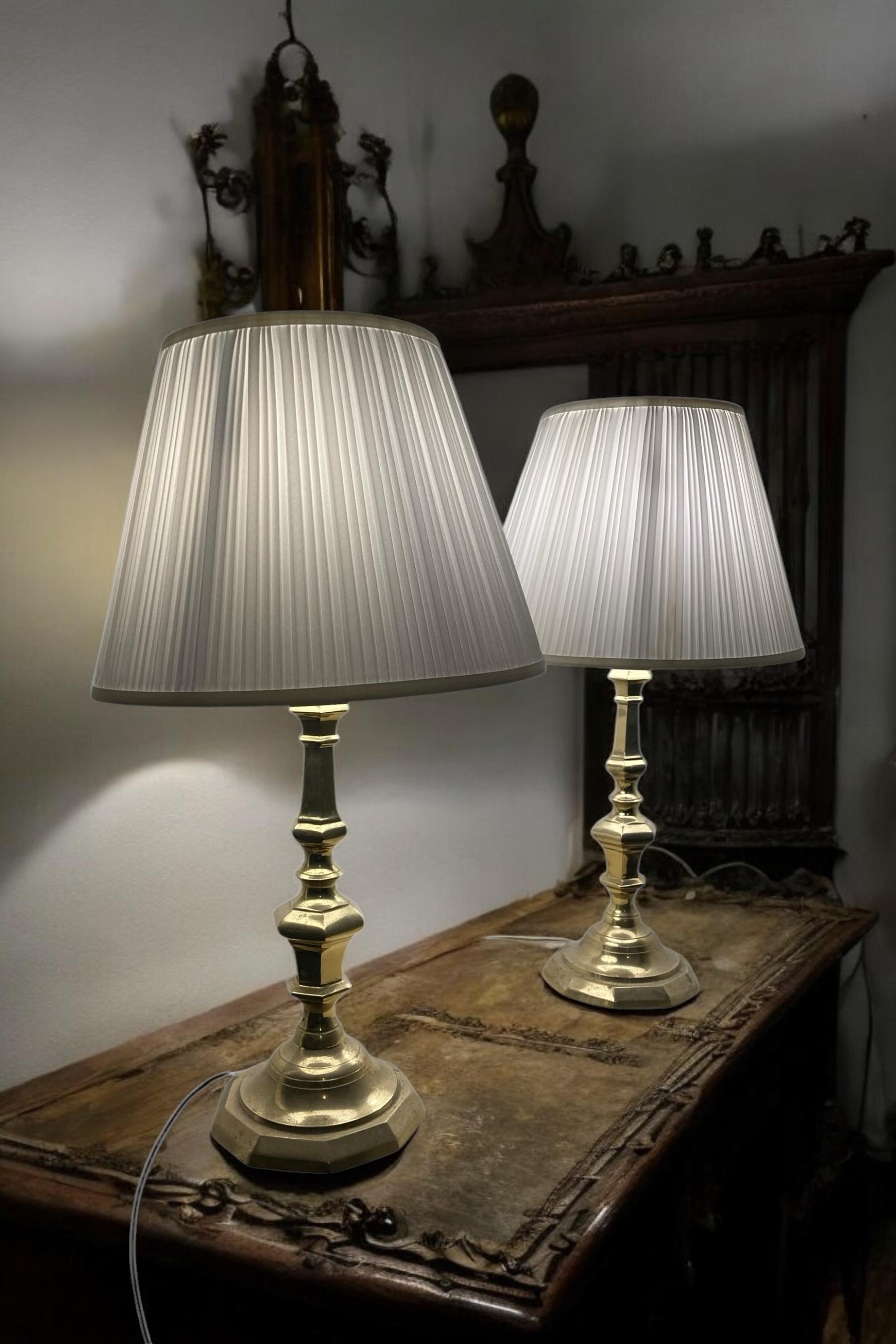 A Pair of Antique Brass bedside or Table Lamps white pleated shades For Sale 6