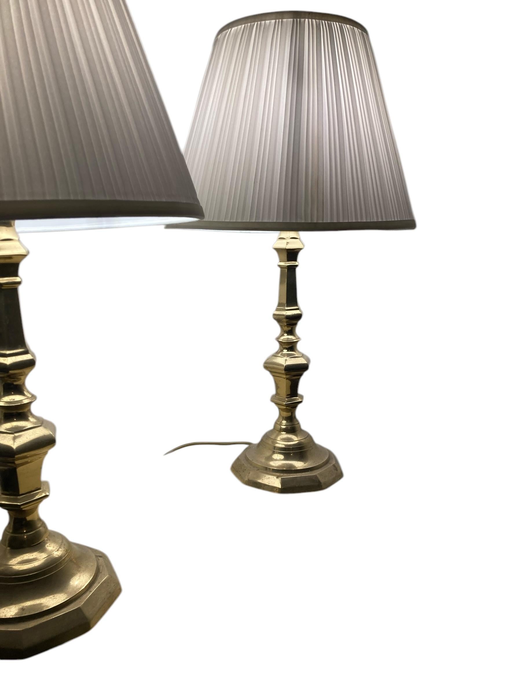 British A Pair of Antique Brass bedside or Table Lamps white pleated shades For Sale