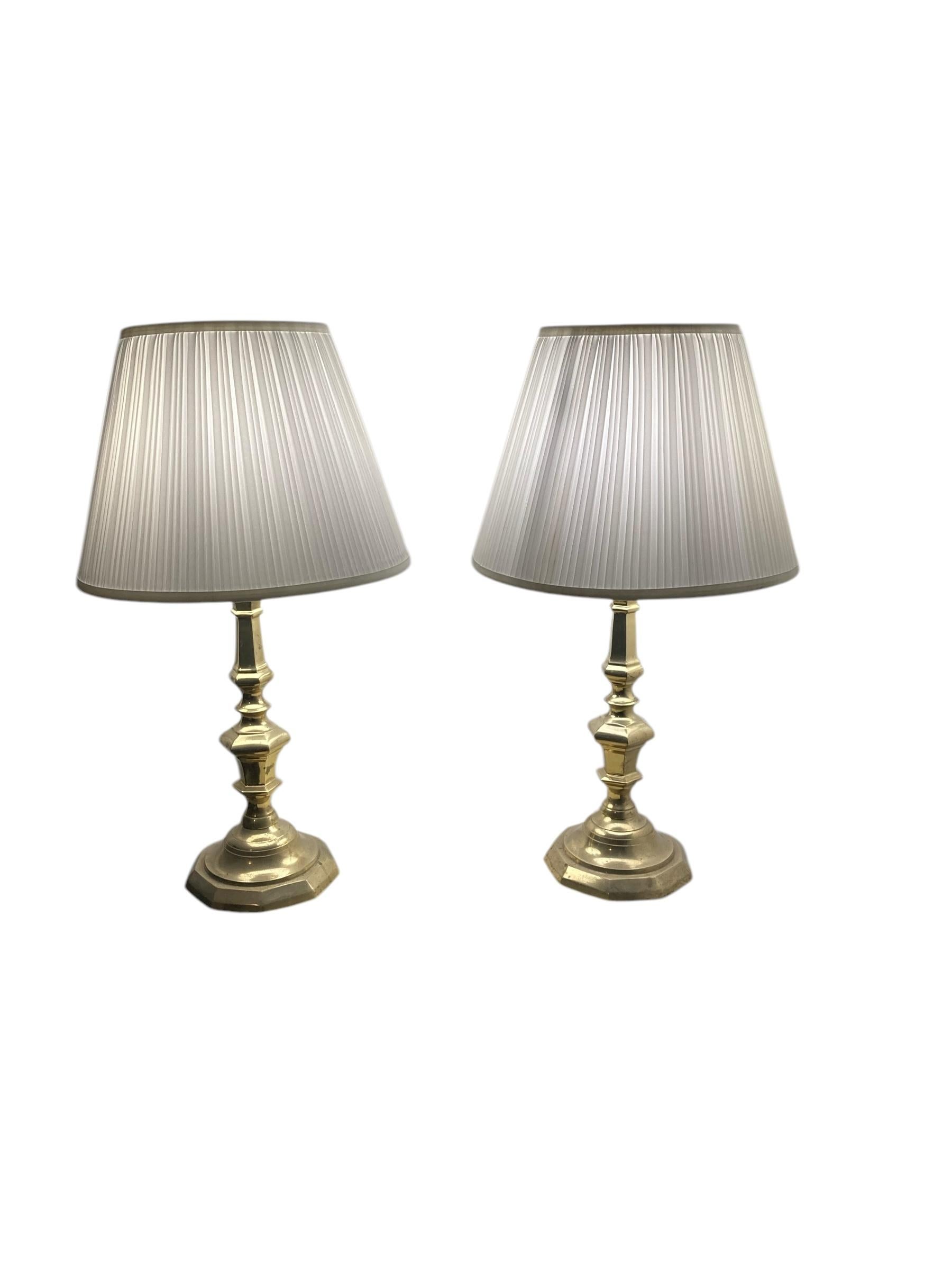 20th Century A Pair of Antique Brass bedside or Table Lamps white pleated shades For Sale