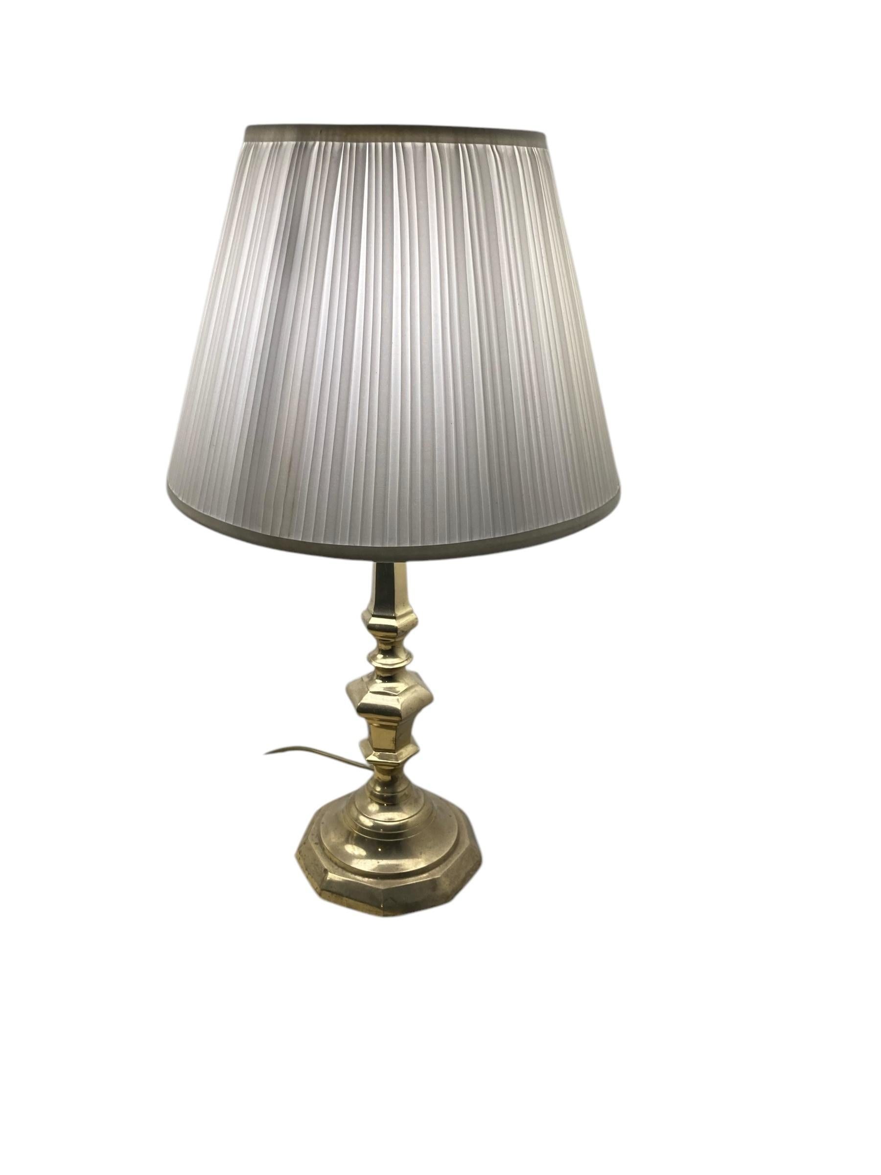 A Pair of Antique Brass bedside or Table Lamps white pleated shades For Sale 1