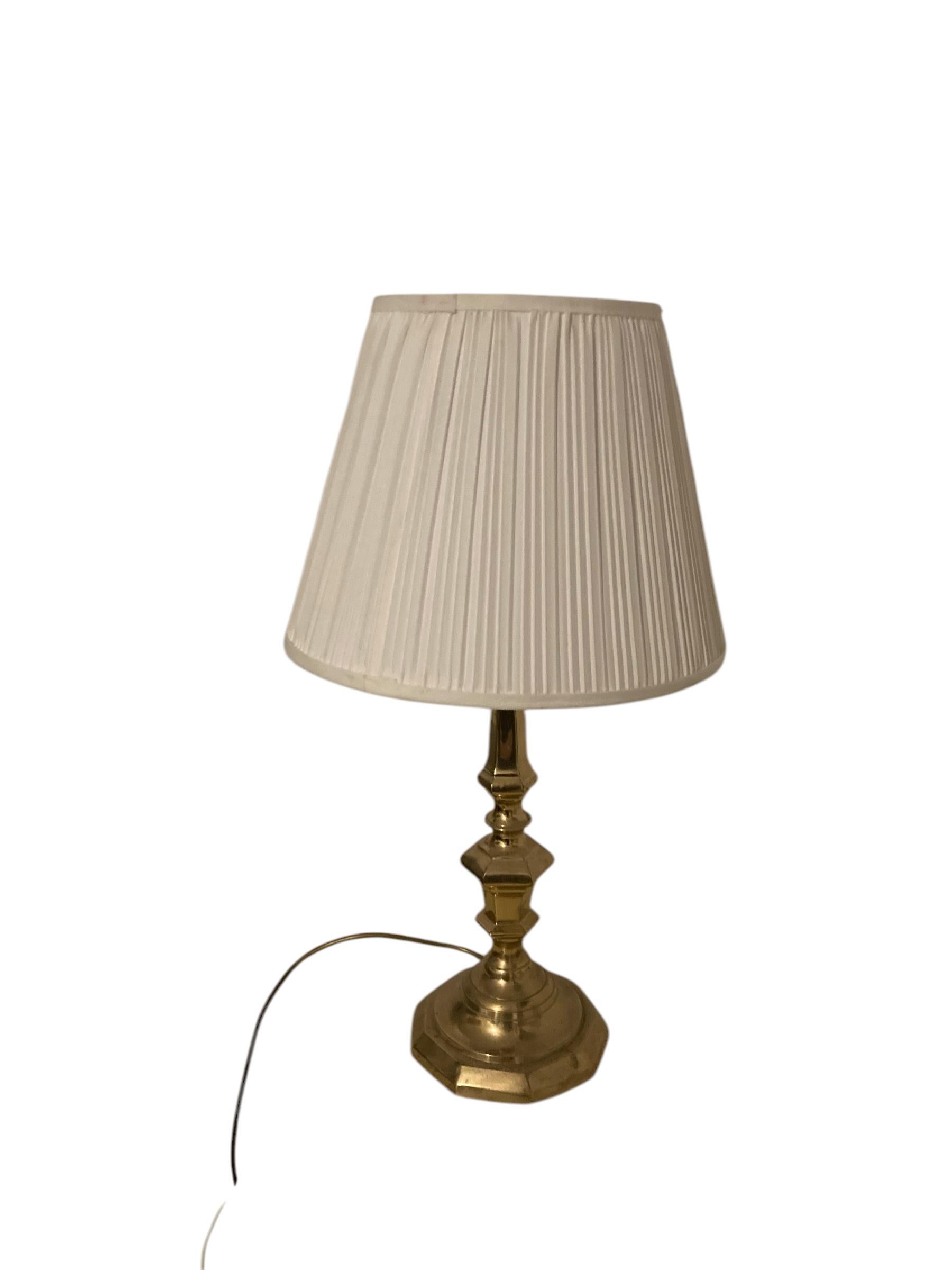 A Pair of Antique Brass bedside or Table Lamps white pleated shades For Sale 2