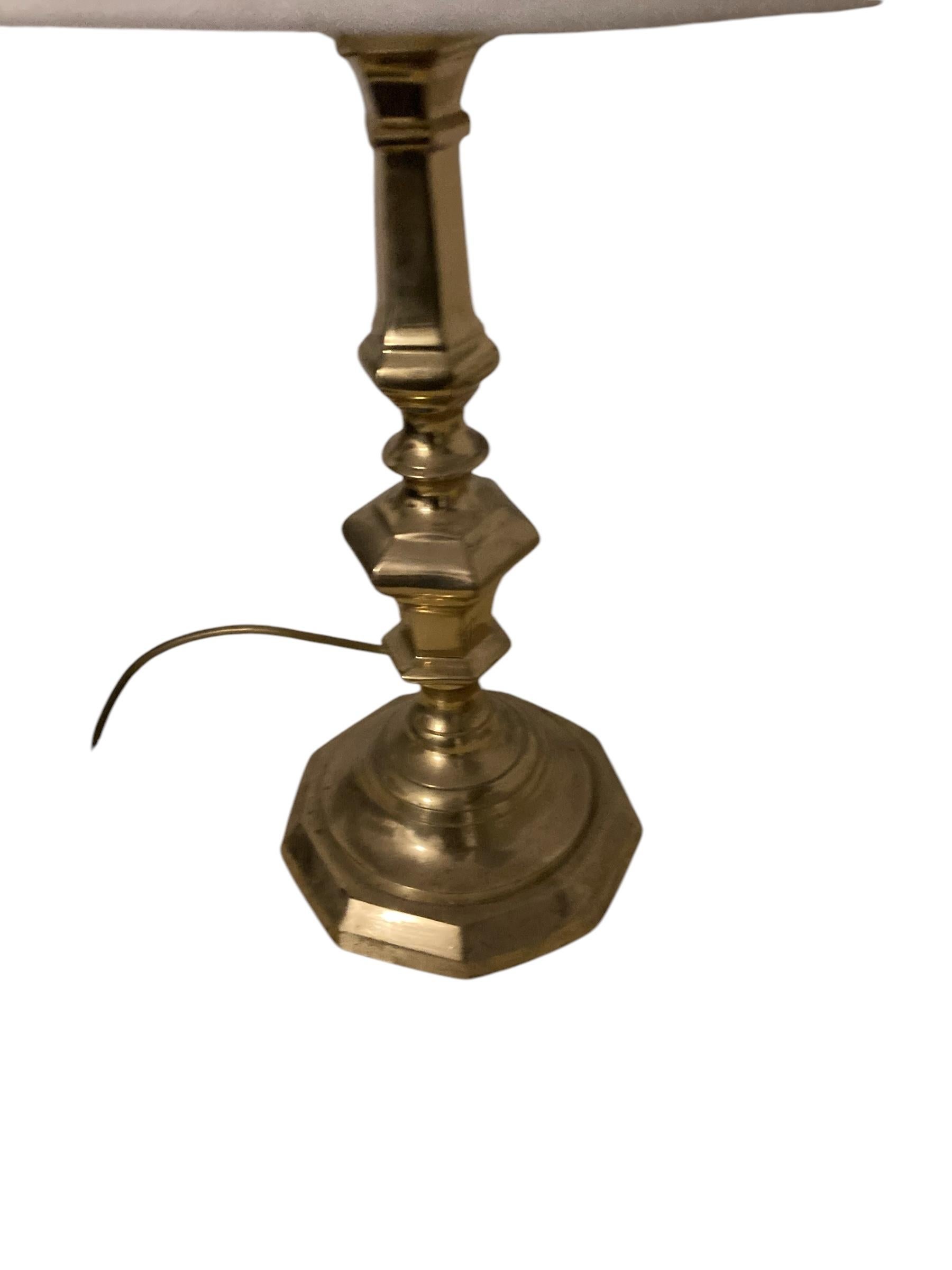 A Pair of Antique Brass bedside or Table Lamps white pleated shades For Sale 3