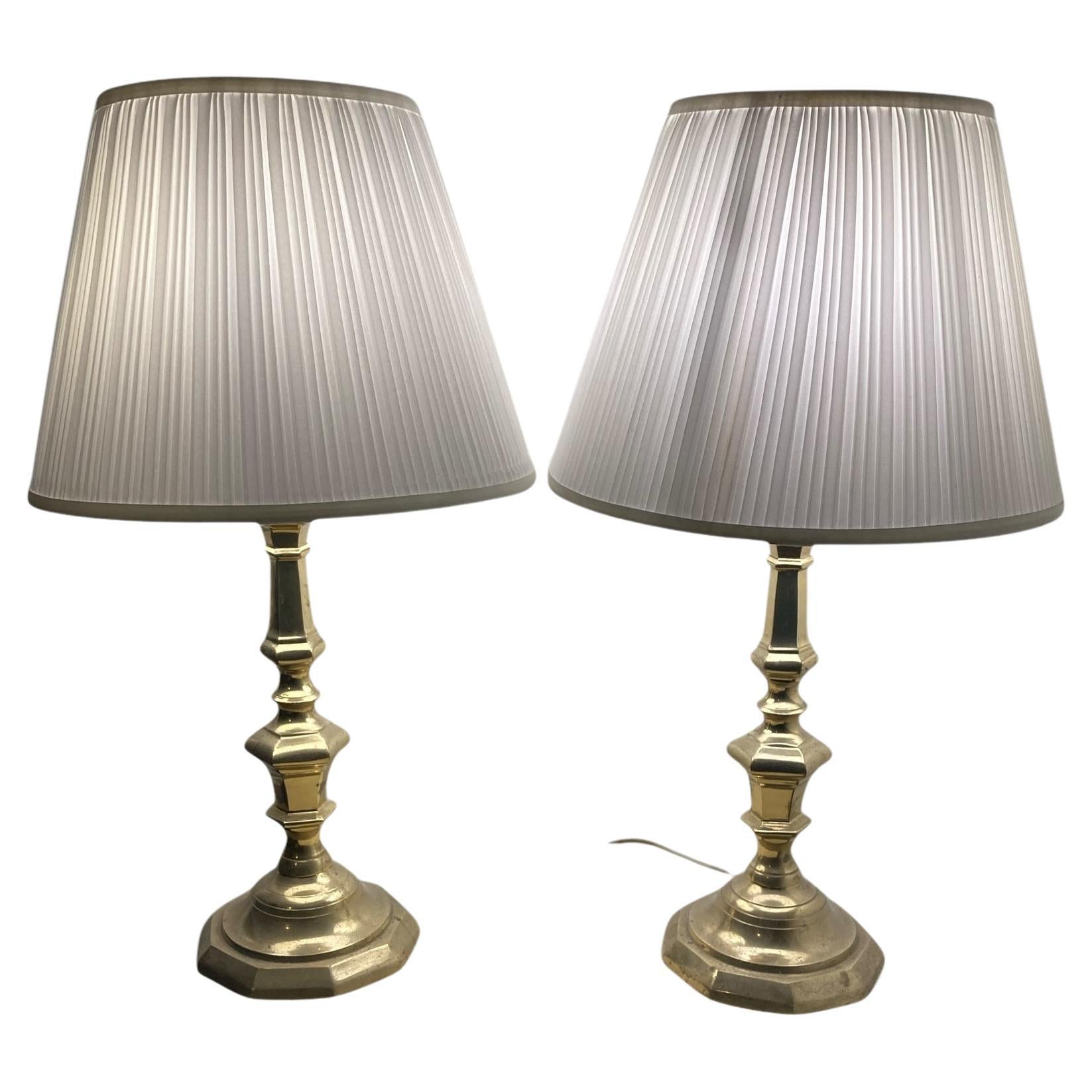 A Pair of Antique Brass bedside or Table Lamps white pleated shades For Sale