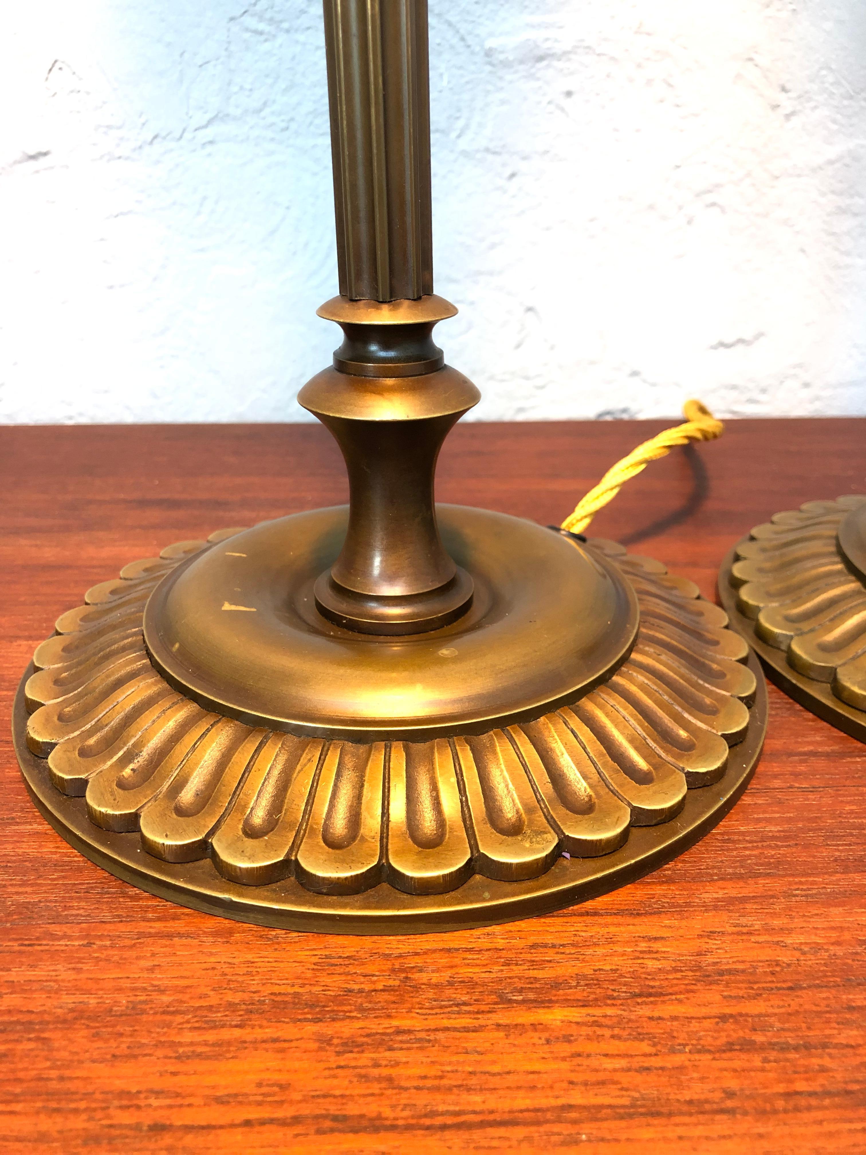 Danish Pair of Antique Brass Table Lamps For Sale