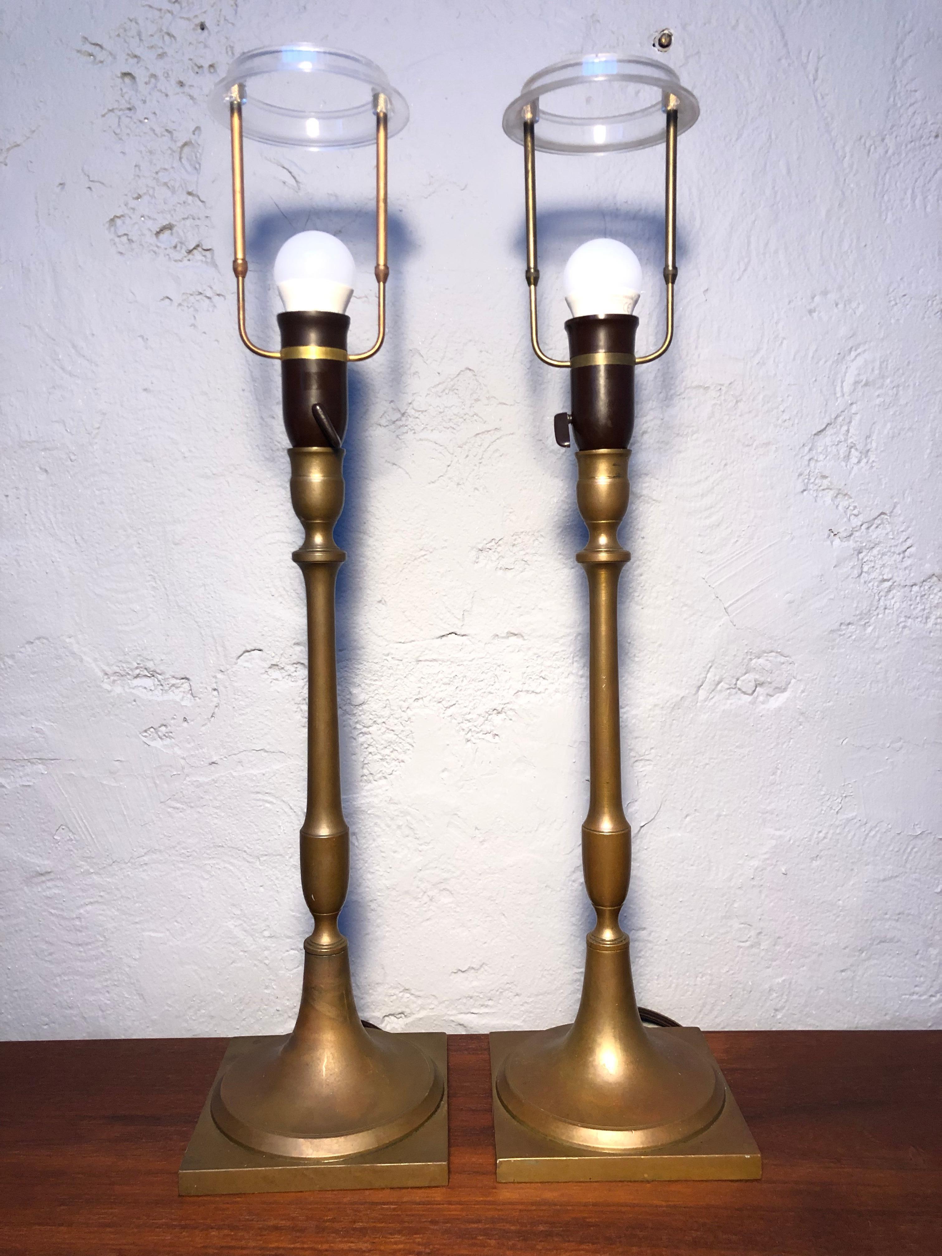Pair of Antique Bronze Candle Holders with Mid-Century Lamp Conversion For Sale 9