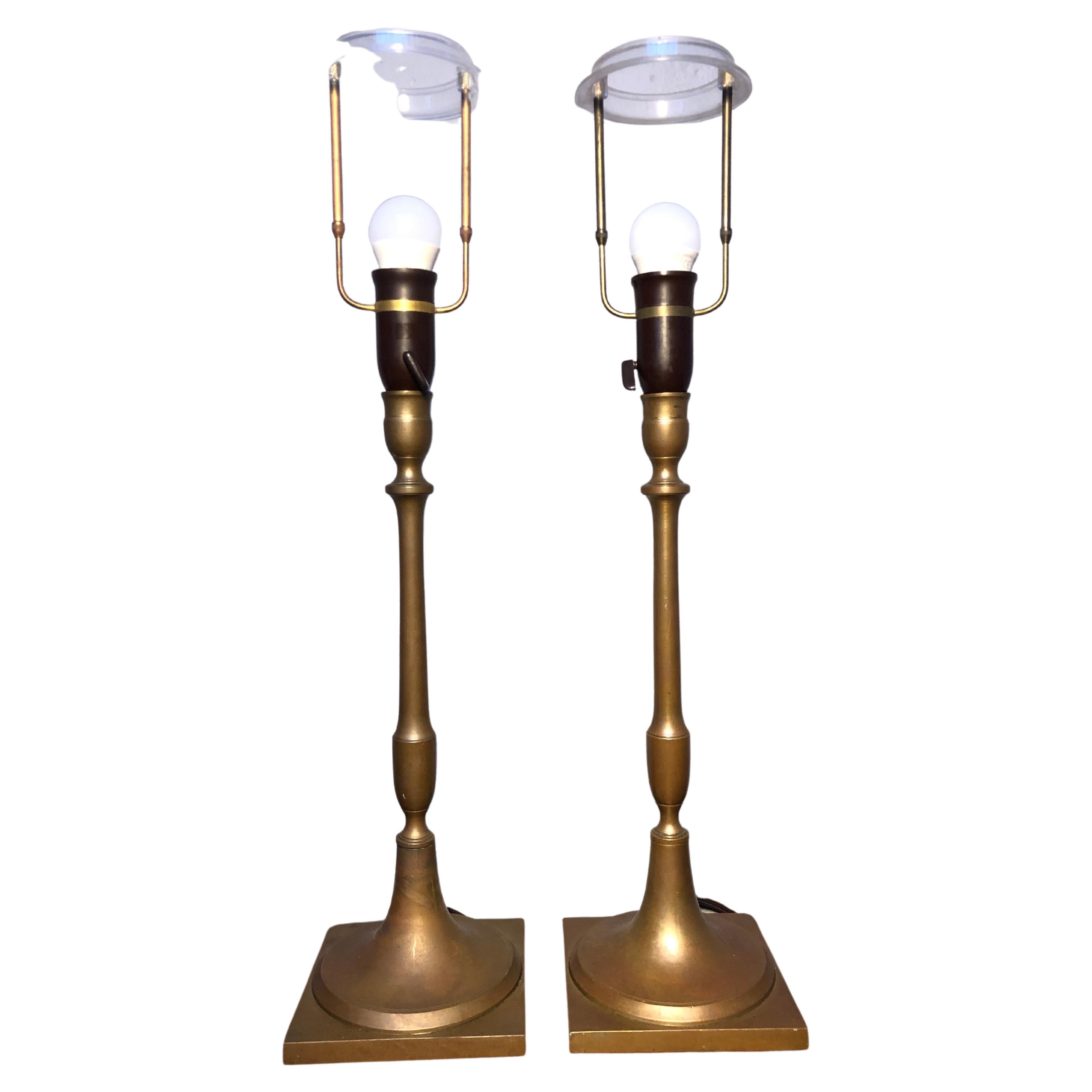 Pair of Antique Bronze Candle Holders with Mid-Century Lamp Conversion