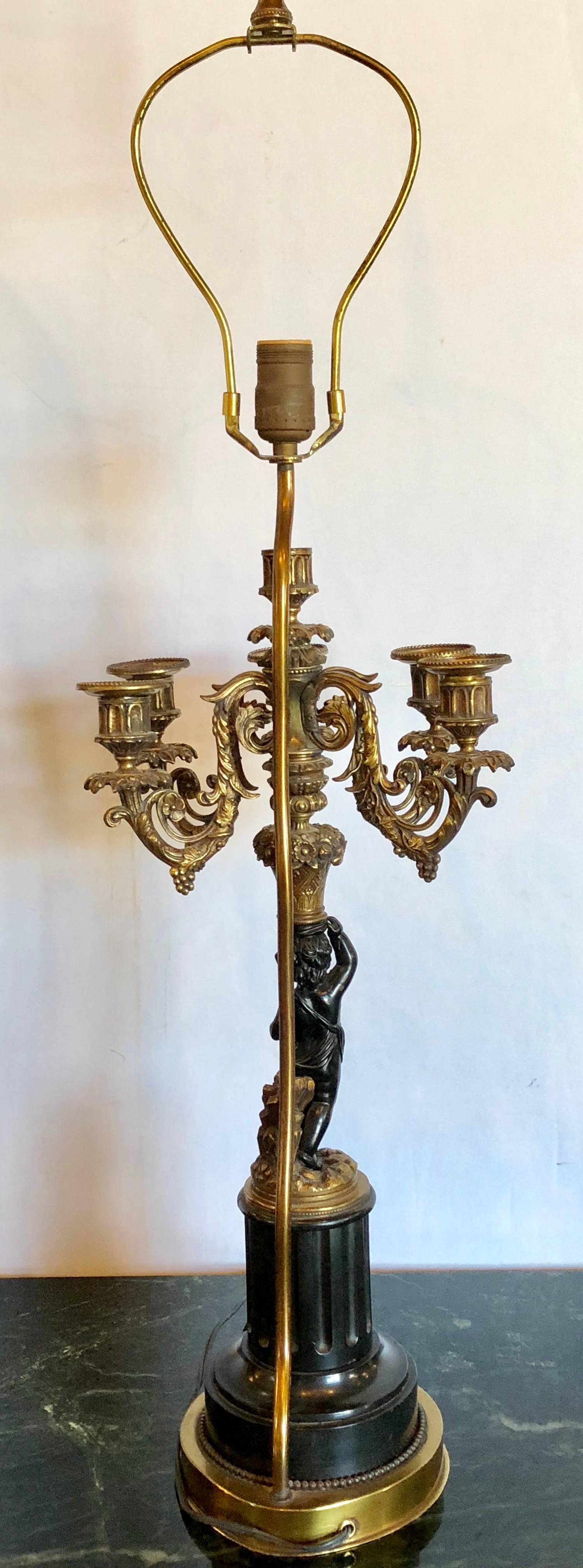 Pair of Antique Bronze Cherub Candelabras on Marble Vases with Custom Shades For Sale 6