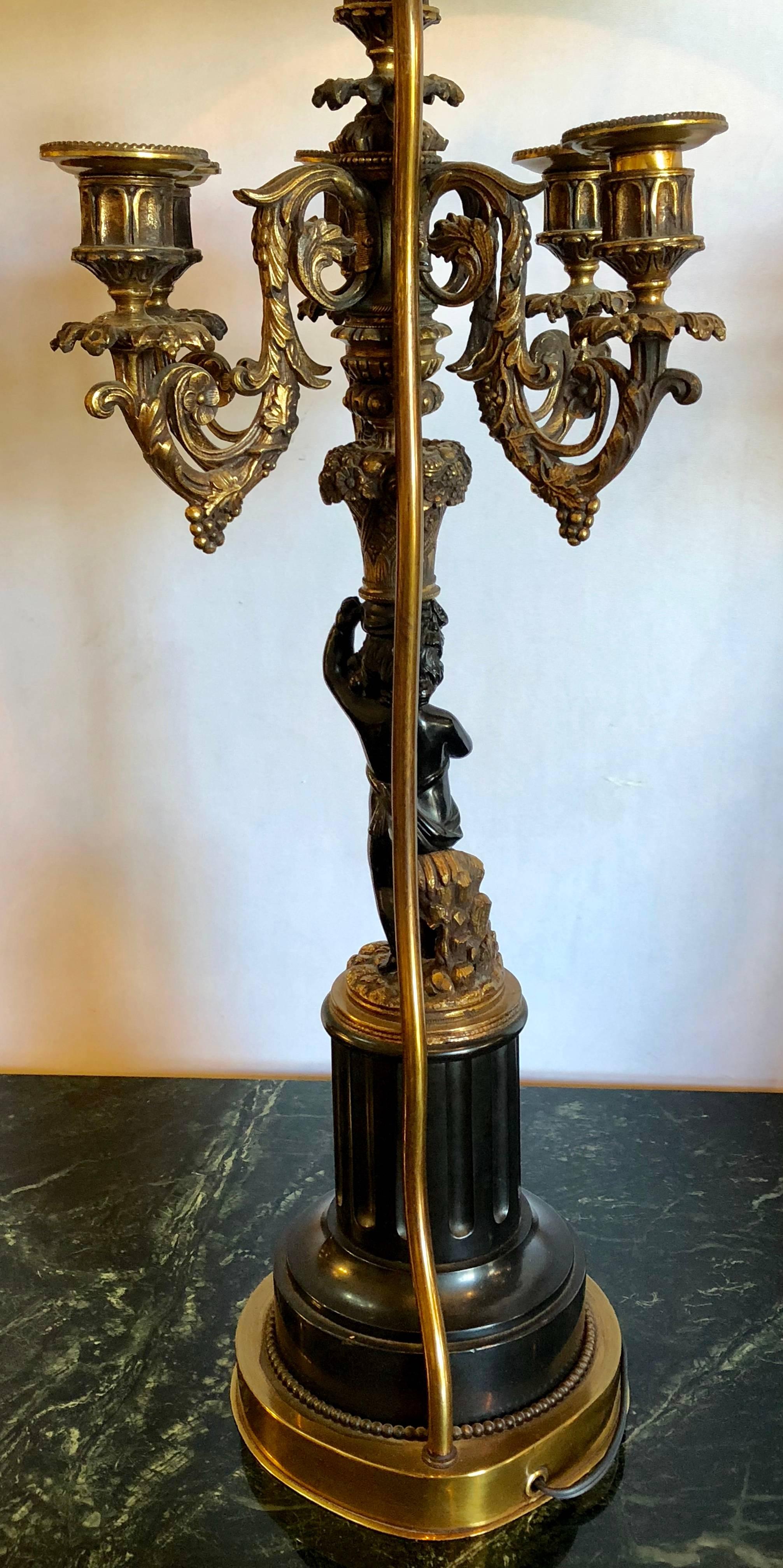 Pair of Antique Bronze Cherub Candelabras on Marble Vases with Custom Shades For Sale 8