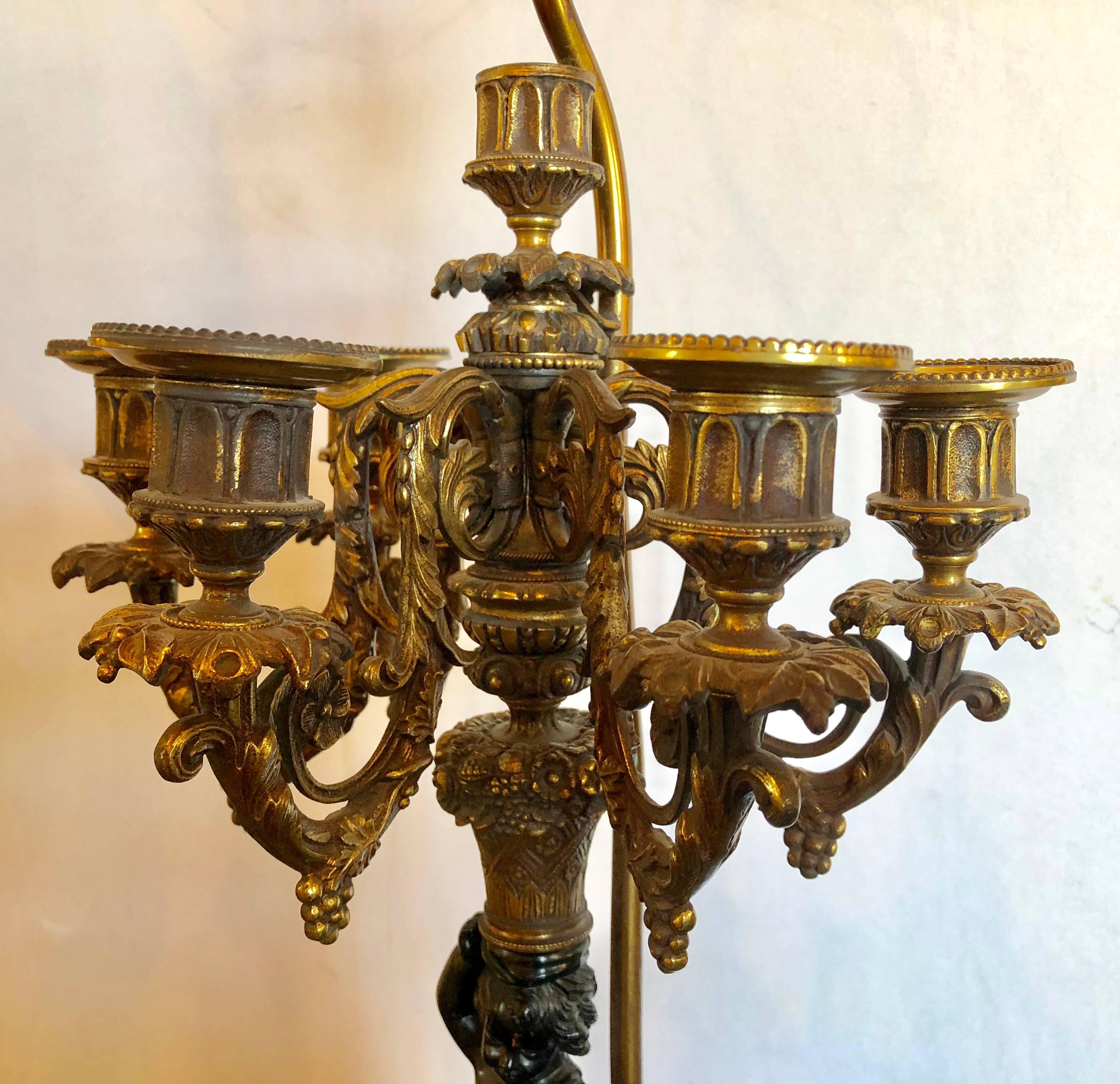 French Pair of Antique Bronze Cherub Candelabras on Marble Vases with Custom Shades For Sale