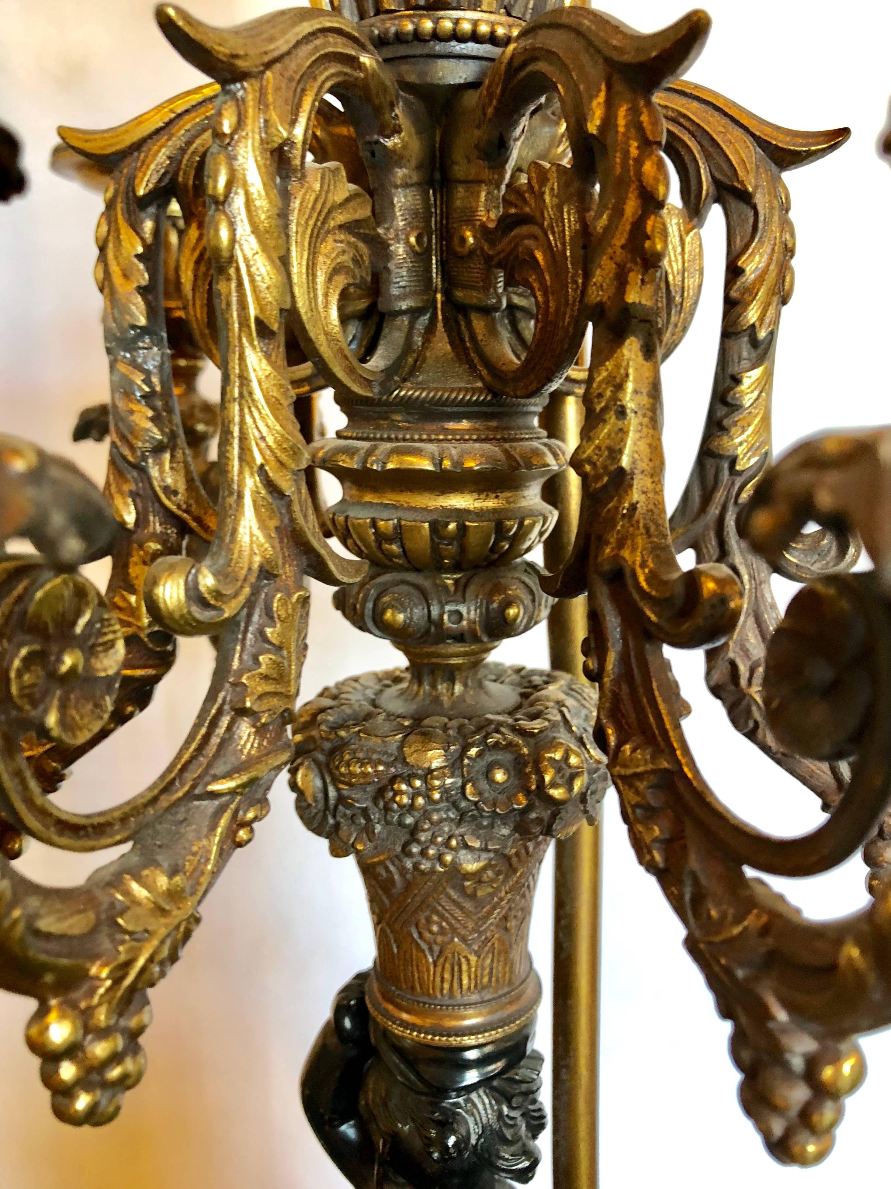 20th Century Pair of Antique Bronze Cherub Candelabras on Marble Vases with Custom Shades For Sale