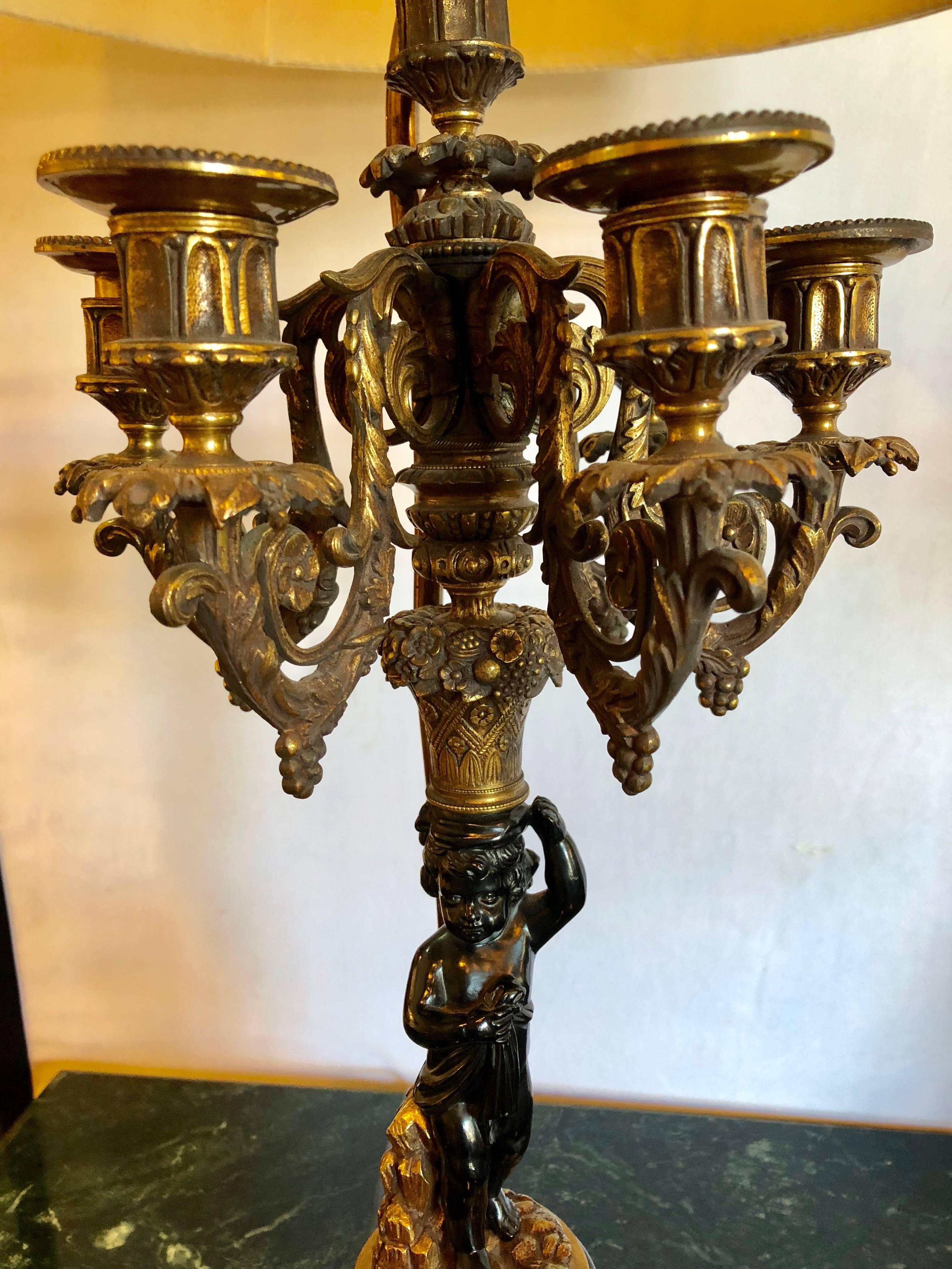 Pair of Antique Bronze Cherub Candelabras on Marble Vases with Custom Shades For Sale 3