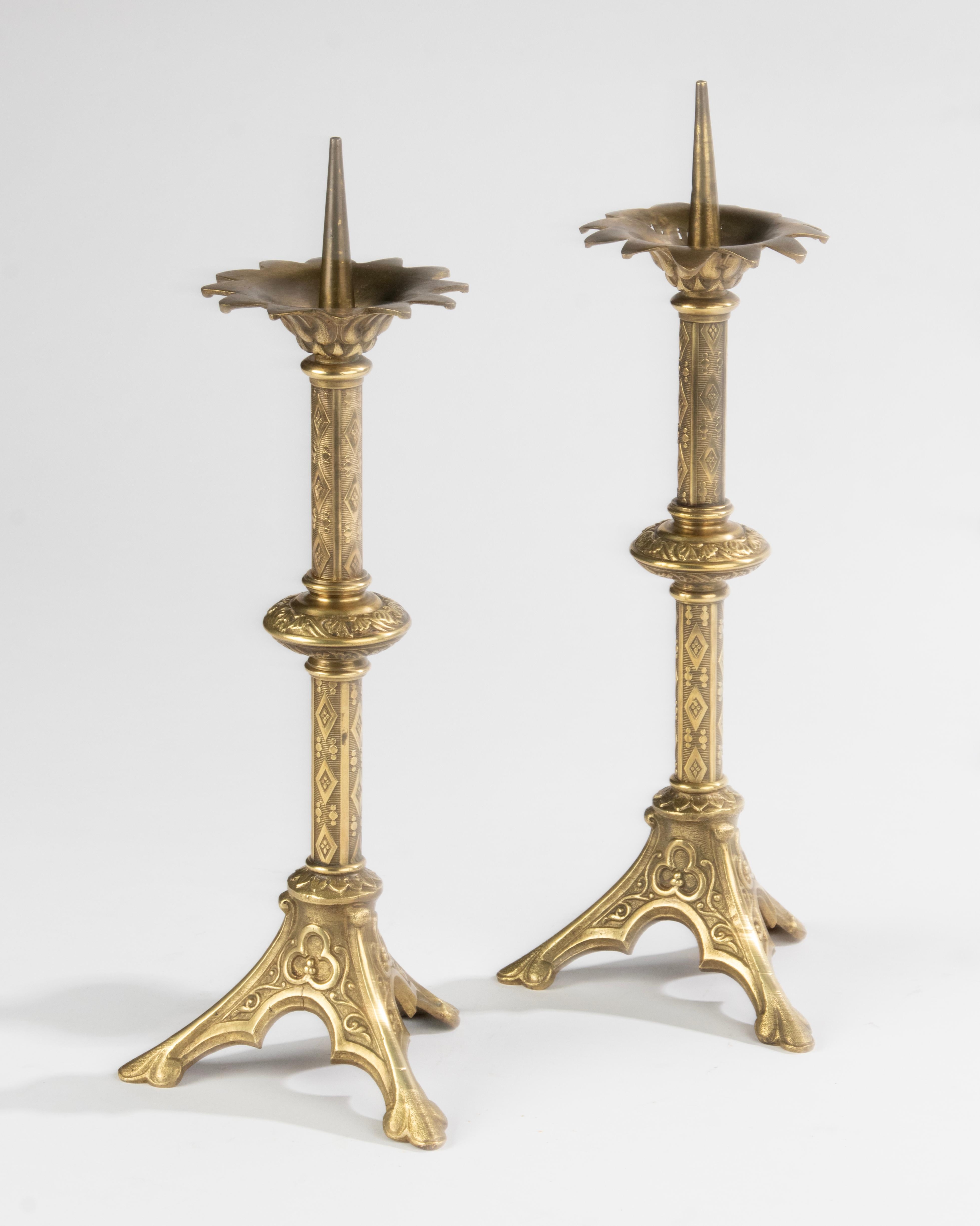 A Pair of Antique Bronze Gothic Style Candlesticks  For Sale 6