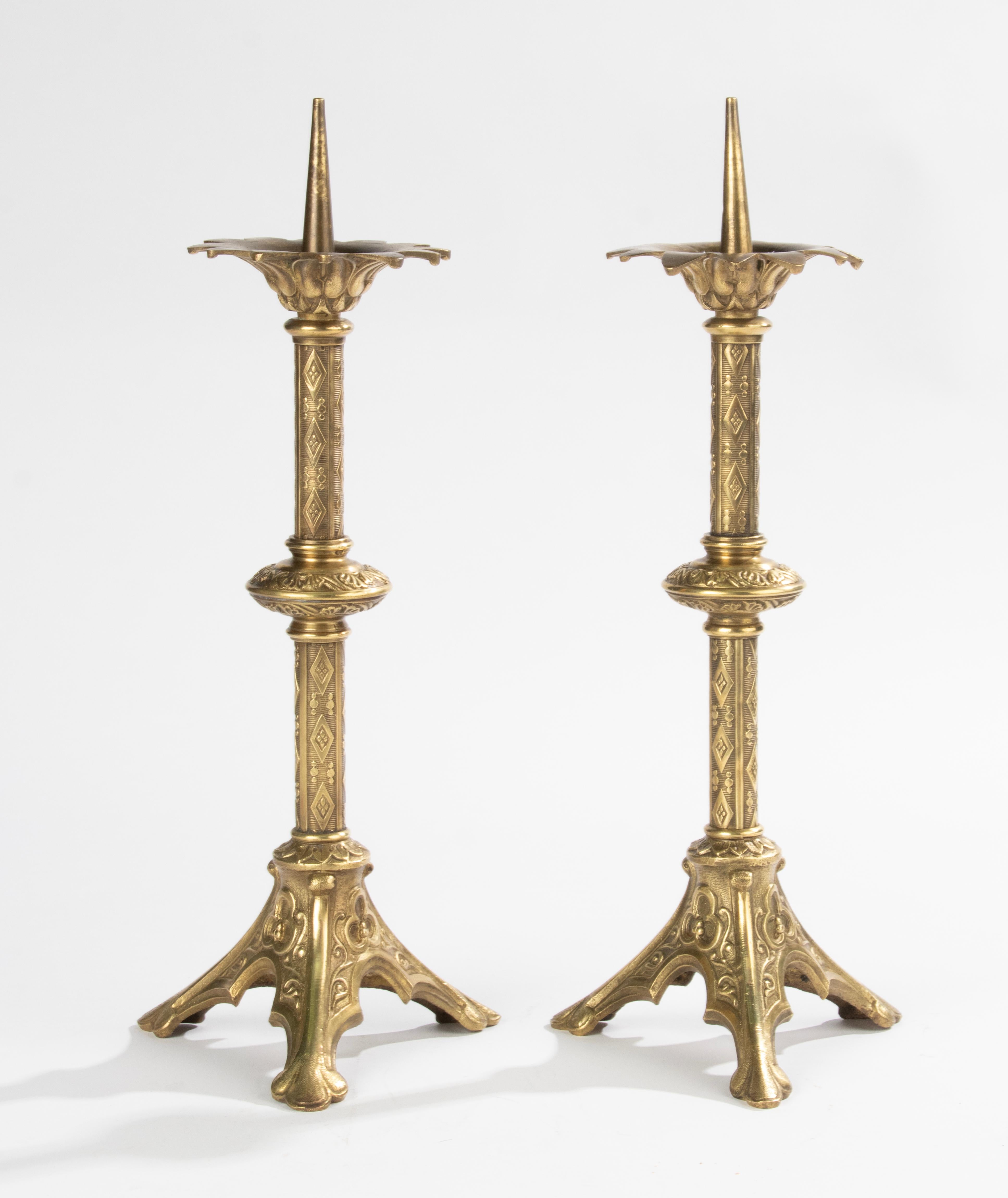 French A Pair of Antique Bronze Gothic Style Candlesticks  For Sale