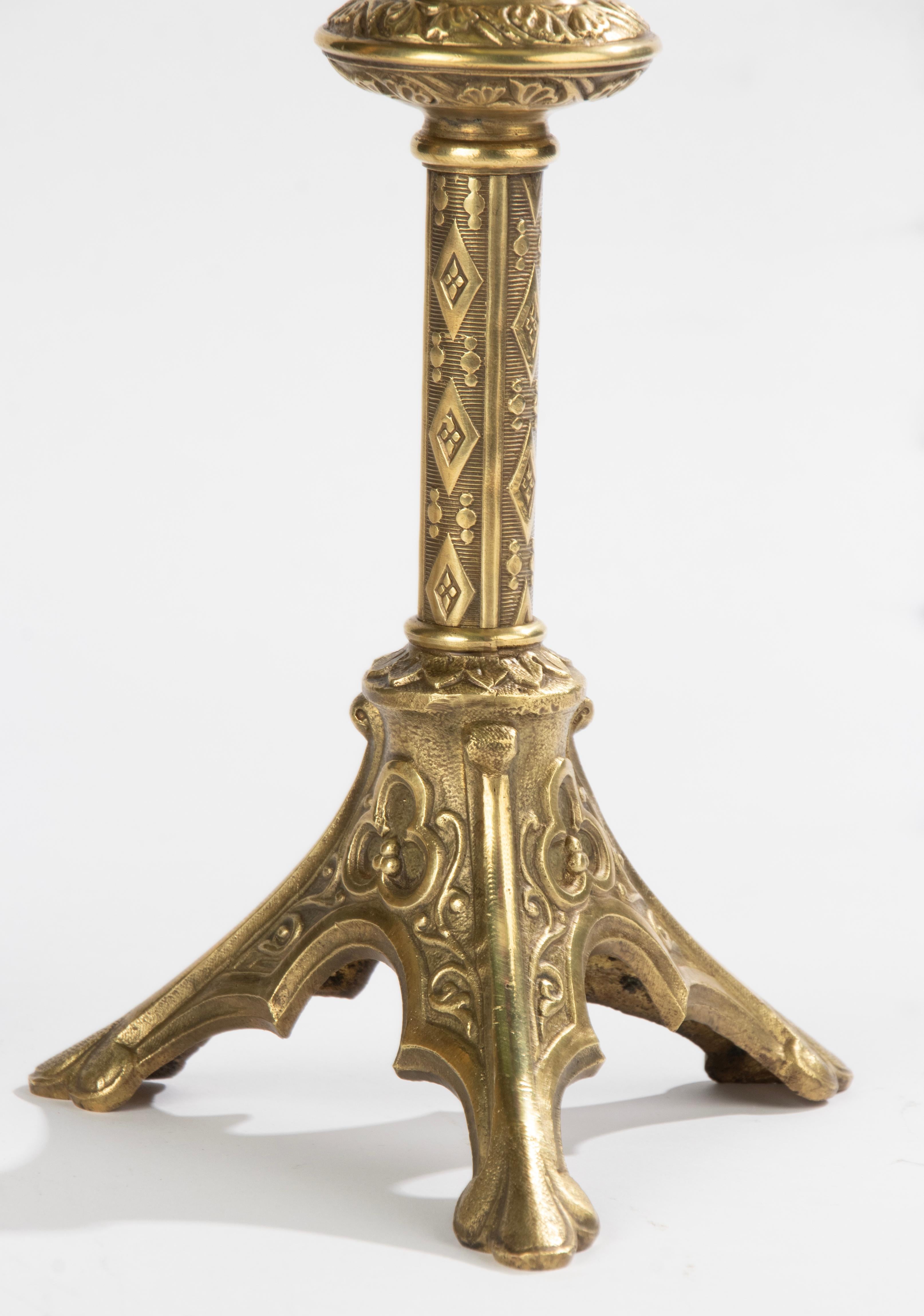 A Pair of Antique Bronze Gothic Style Candlesticks  In Good Condition For Sale In Casteren, Noord-Brabant