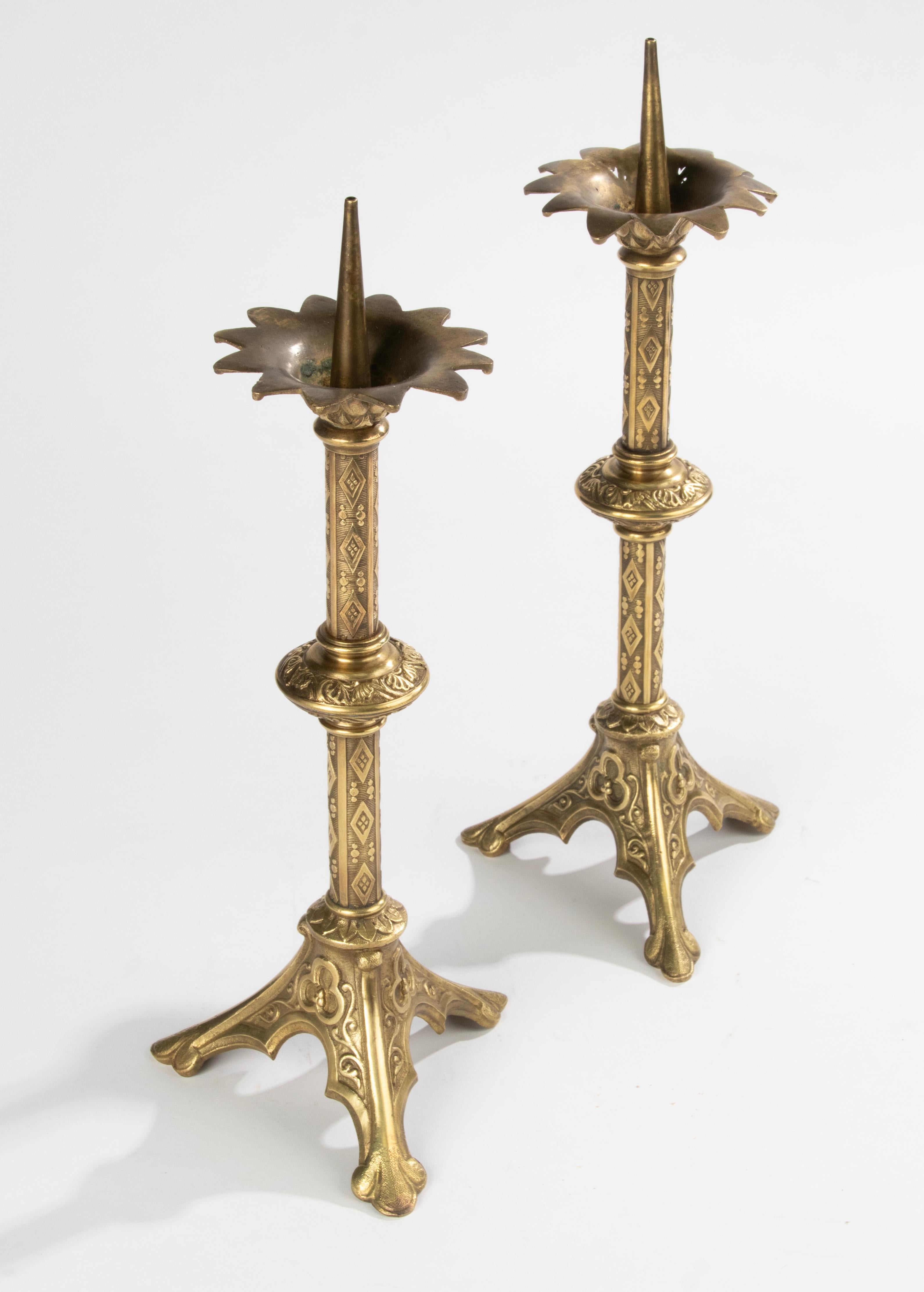 A Pair of Antique Bronze Gothic Style Candlesticks  For Sale 1