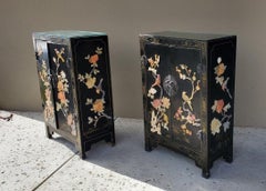 A Pair Of Antique Chinese Black Lacquered Wooden Cabinets With Hardstone Inlay