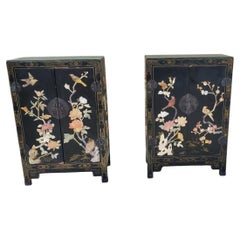A Pair Of Antique Chinese Black Lacquered Wooden Cabinets With Hardstone Inlay