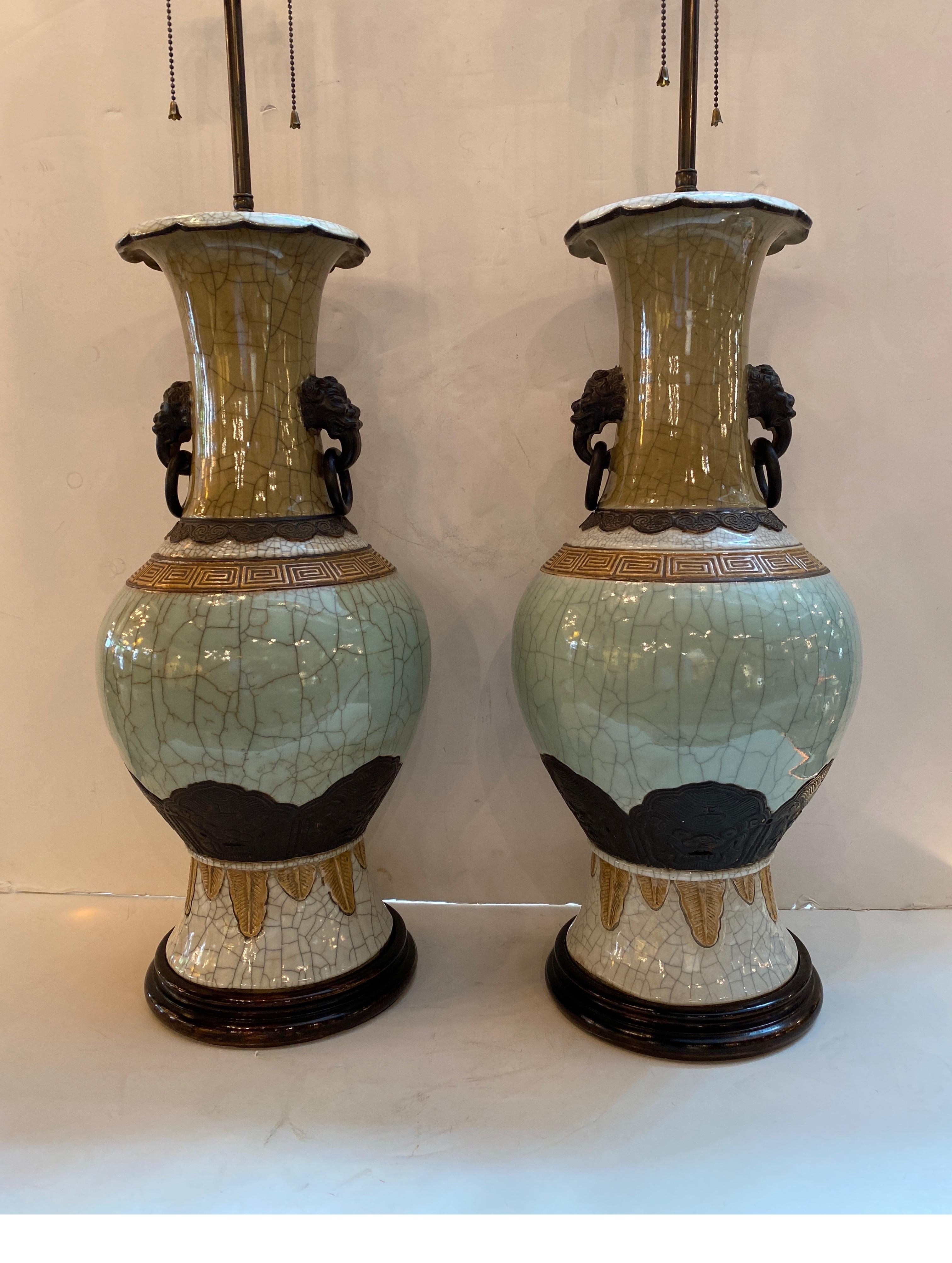 Pair of Antique Chinese Celadon Vases Now as Lamps 6