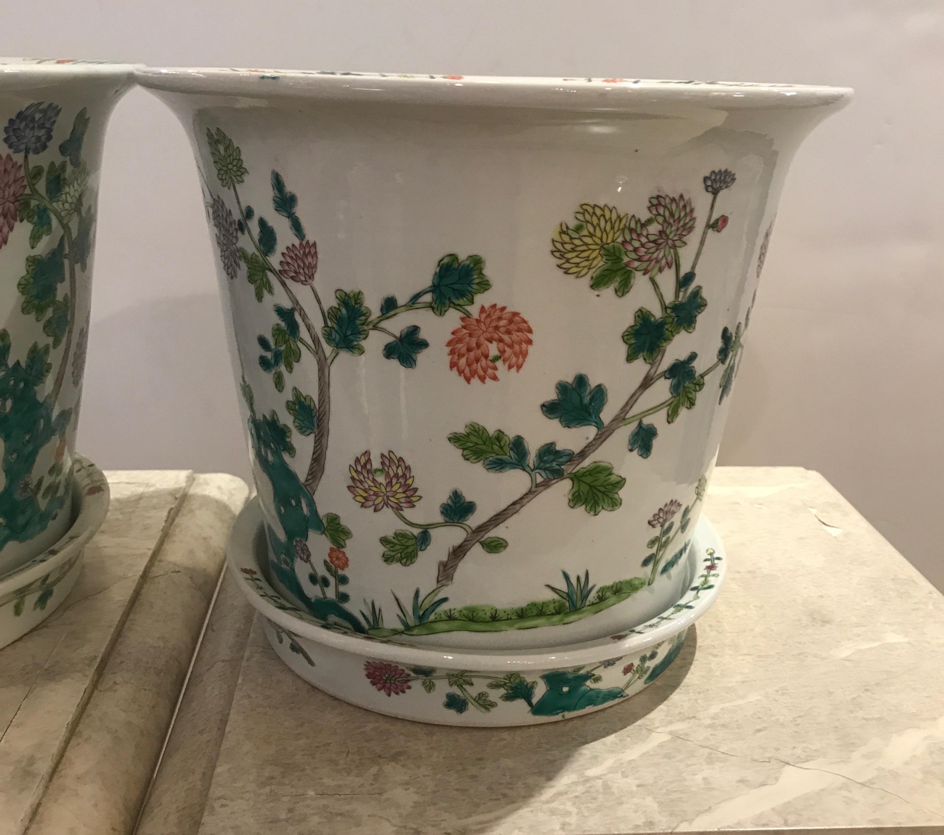 Hand-Painted Pair of Antique Chinese Famille Porcelain Planters with Underplates