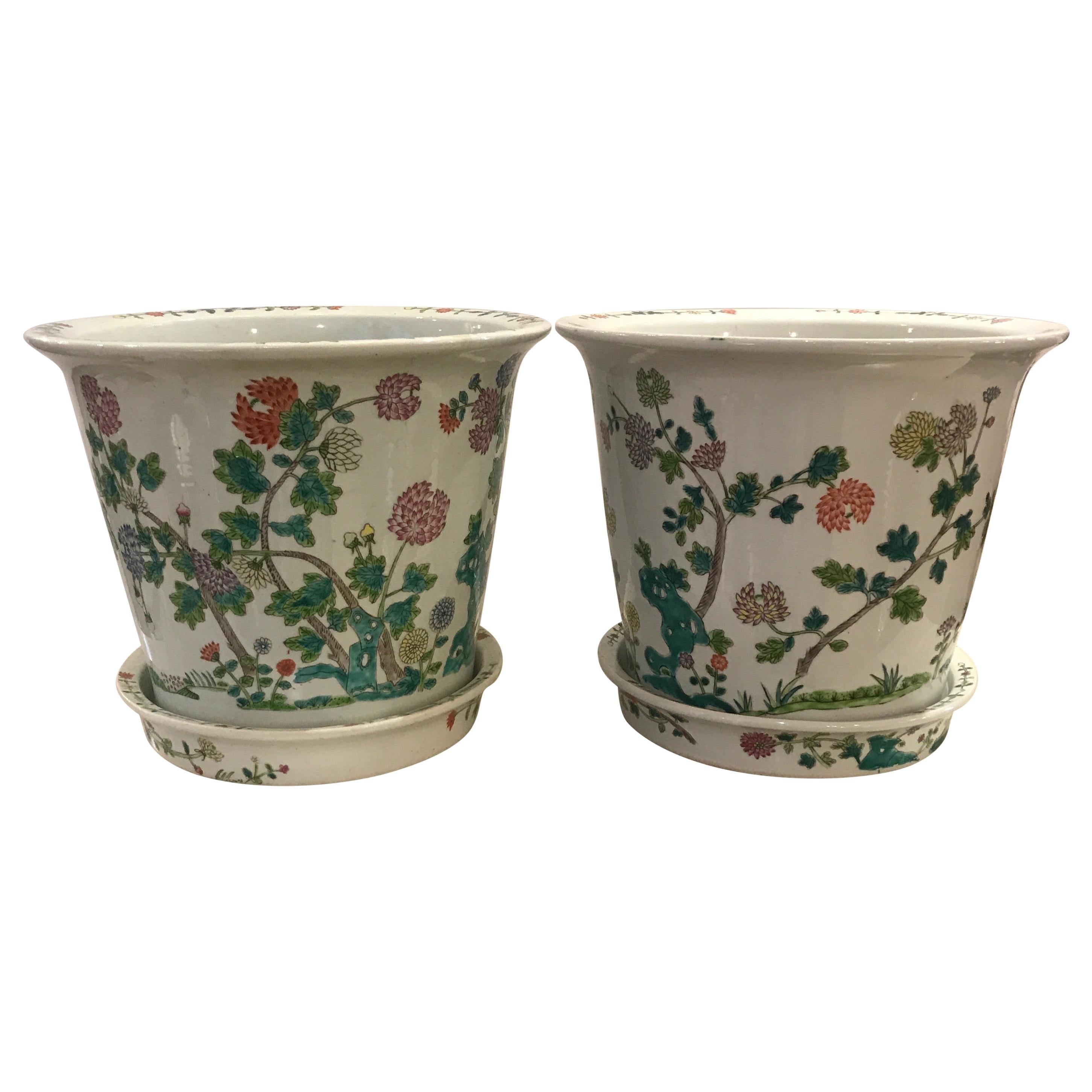 Pair of Antique Chinese Famille Porcelain Planters with Underplates