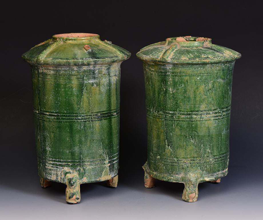 Pair of Antique Chinese Han Dynasty Green Glazed Pottery Granary Jars 7